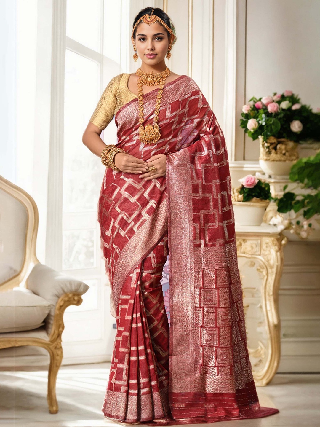 

Anouk Woven Design Zari Chanderi Saree, Maroon