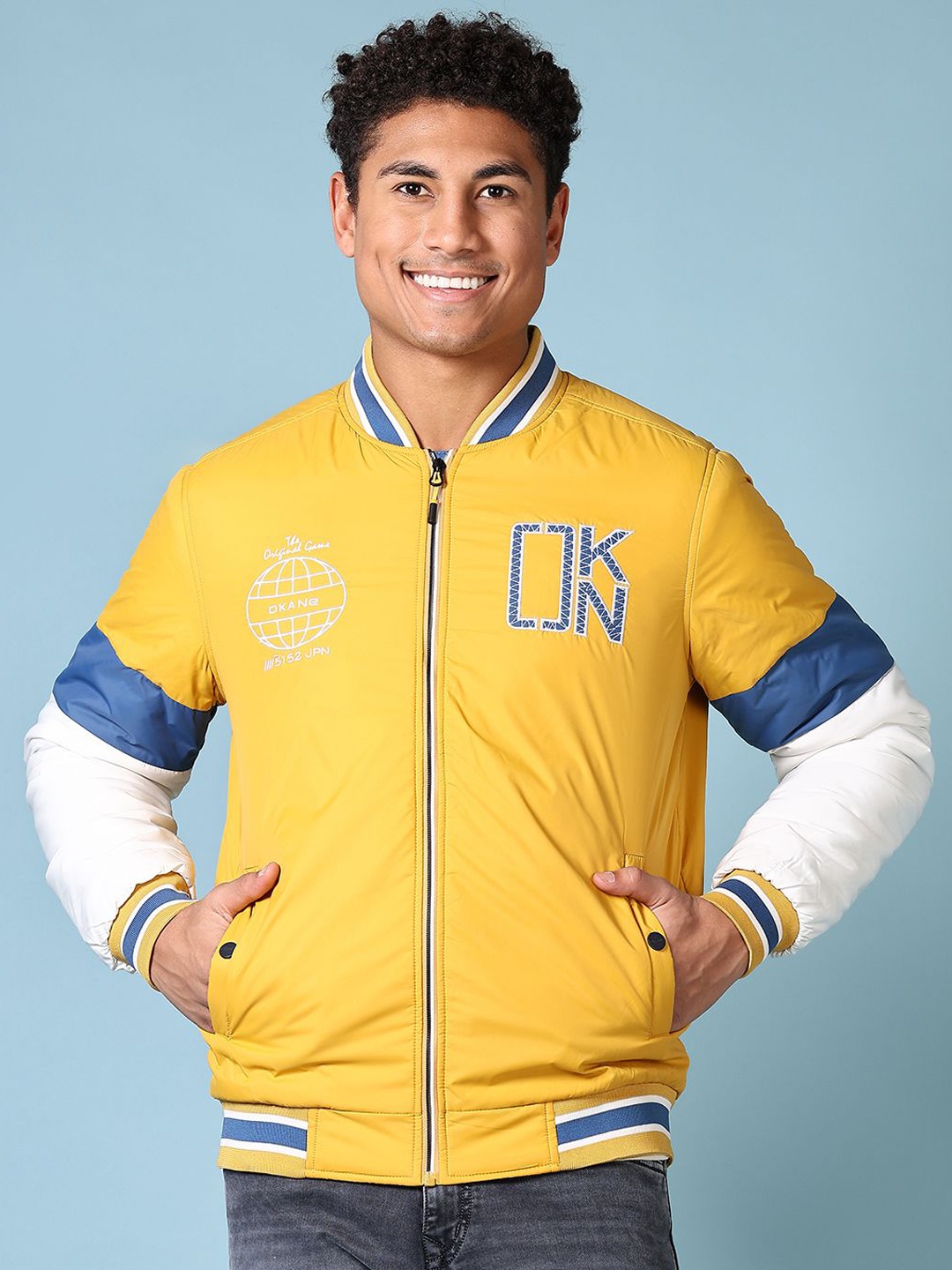 

V-Mart Men Varsity Jacket with Embroidered, Mustard