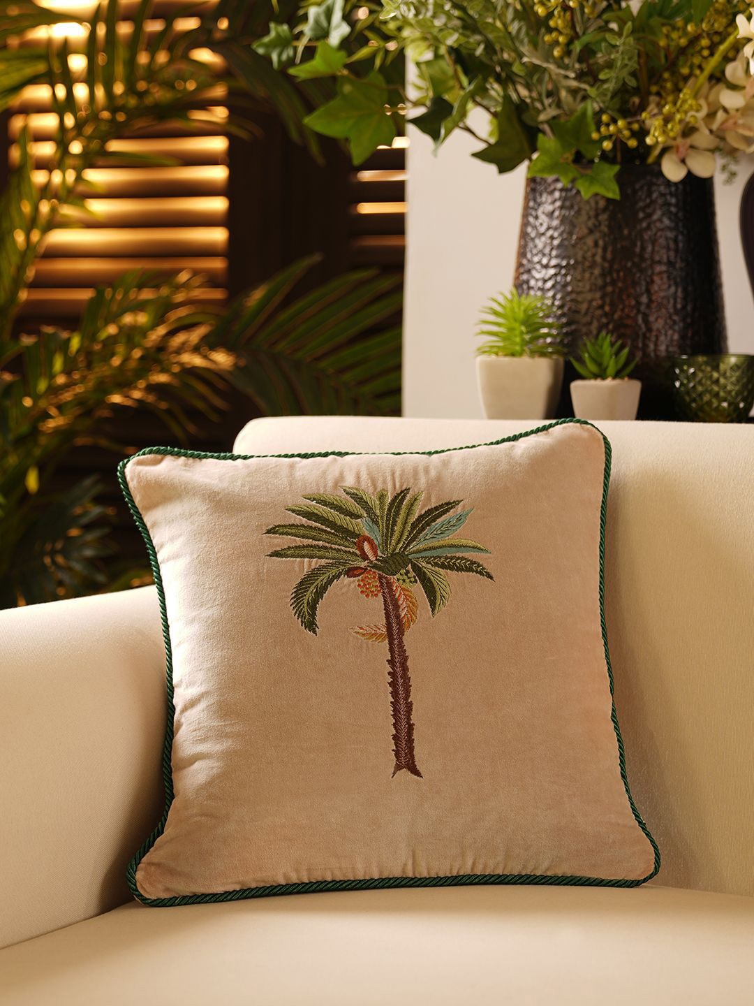 

Pure Home and Living Beige & Green Ethnic Motifs Velvet Square Cushion Covers