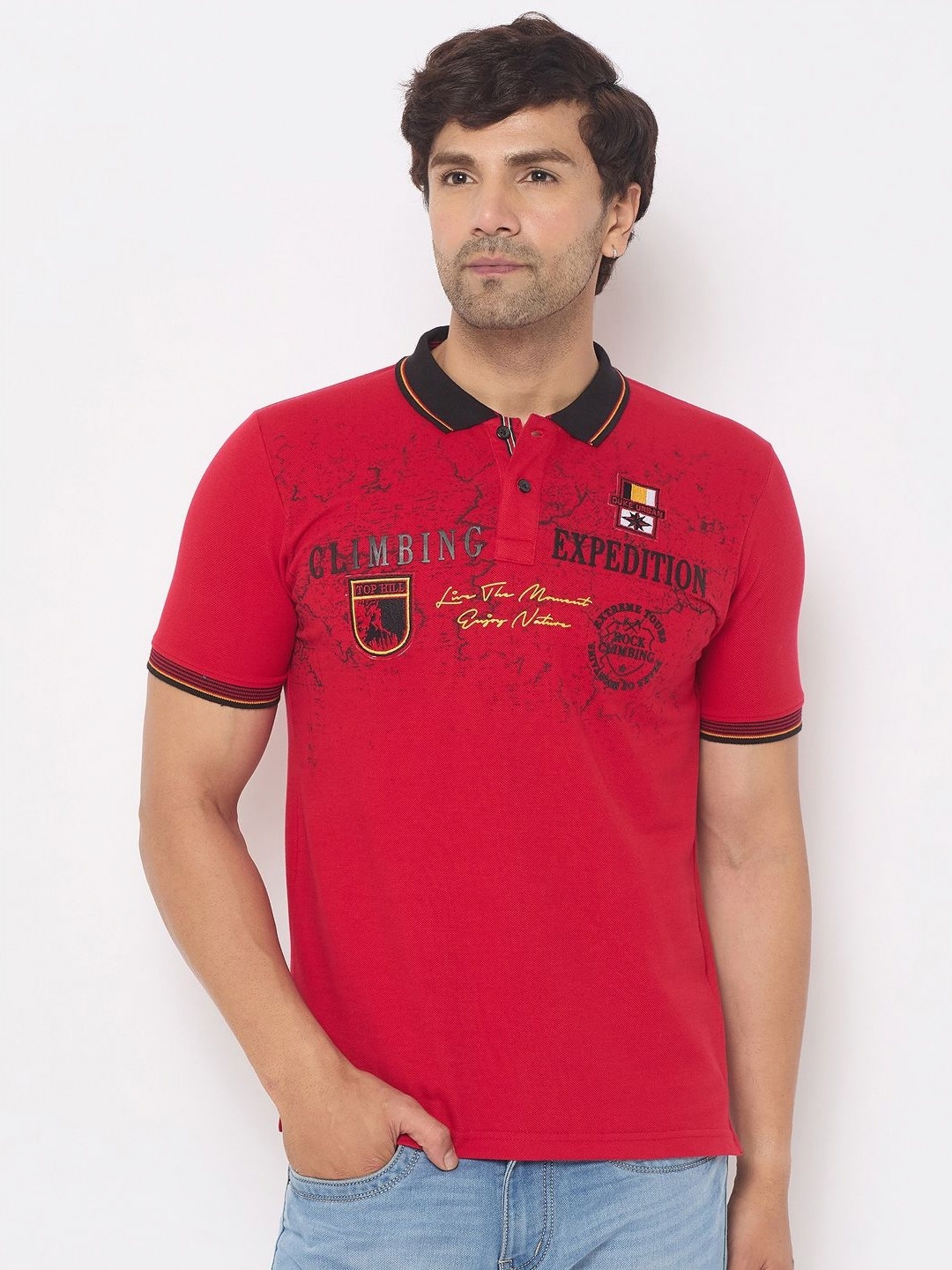 

Duke Men Typography Printed Polo Collar Cotton T-shirt, Red