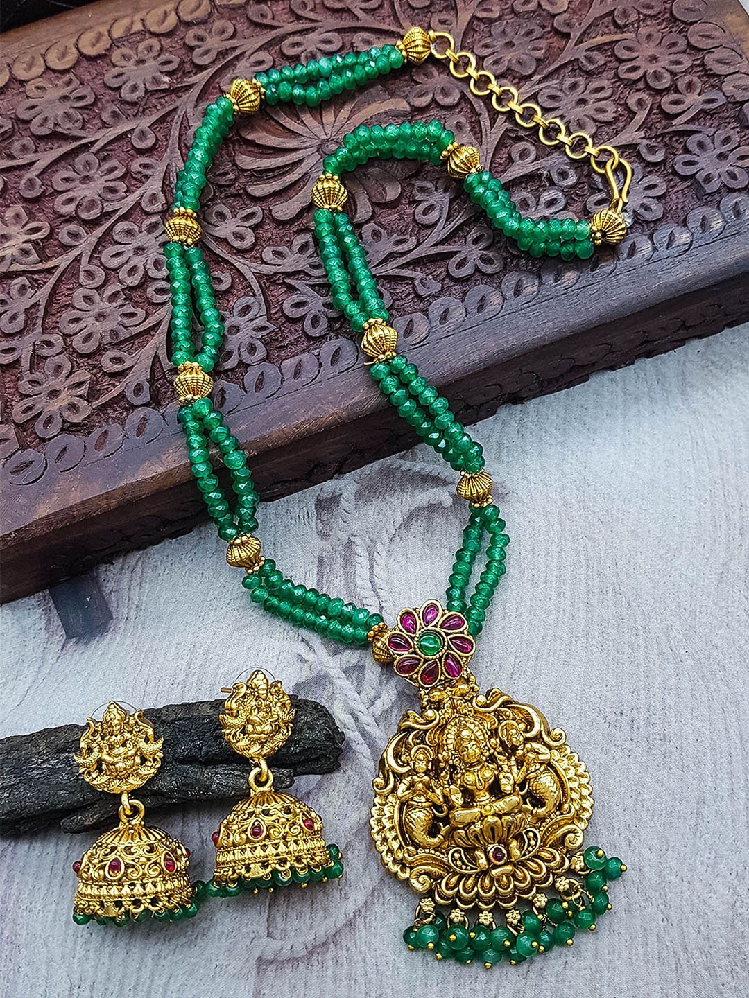 

GRIIHAM Premium Gold-Plated Crystals Stone Studded & Beaded Lakshmi Goddess Jewellery Set