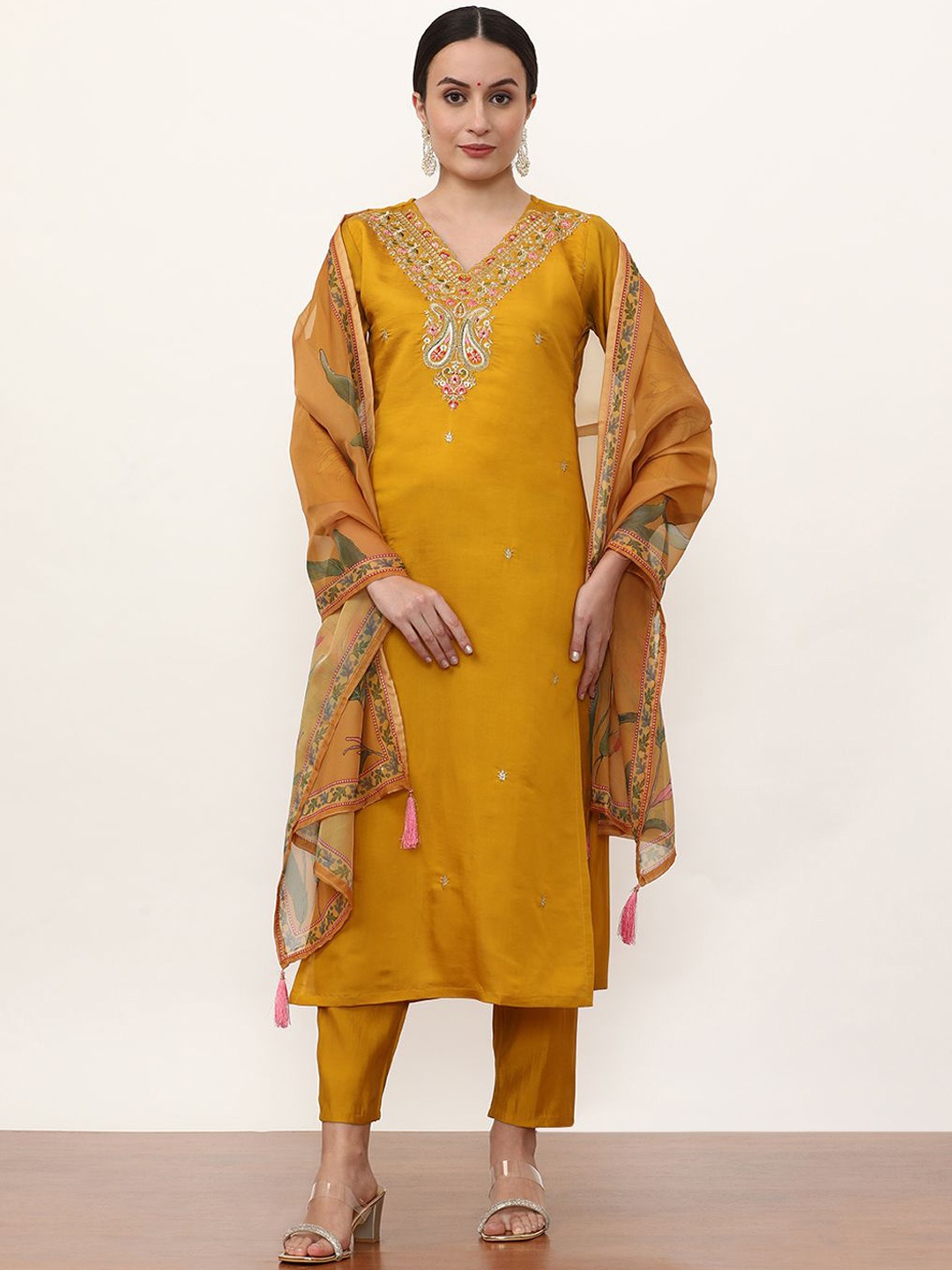 

Jaipur Kurti Women Paisley Embroidered Regular Sequinned Chanderi Silk Kurta with Trousers & With Dupatta, Yellow