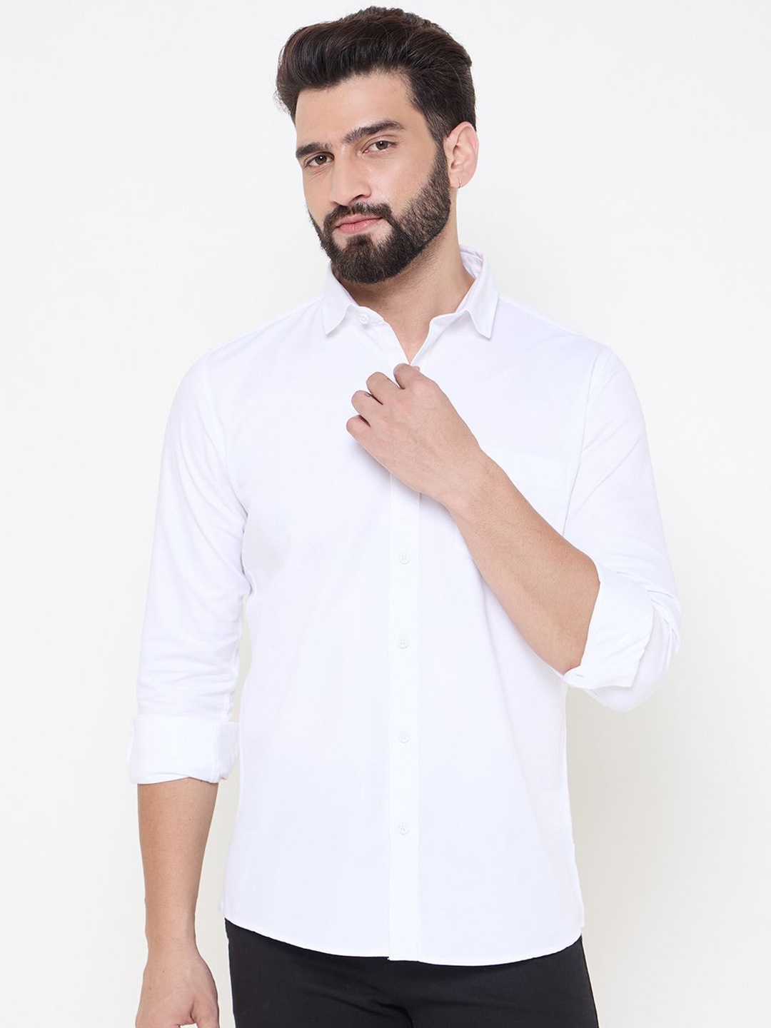 

Duke Men Spread Collar Solid Cotton Slim Fit Casual Shirt, White