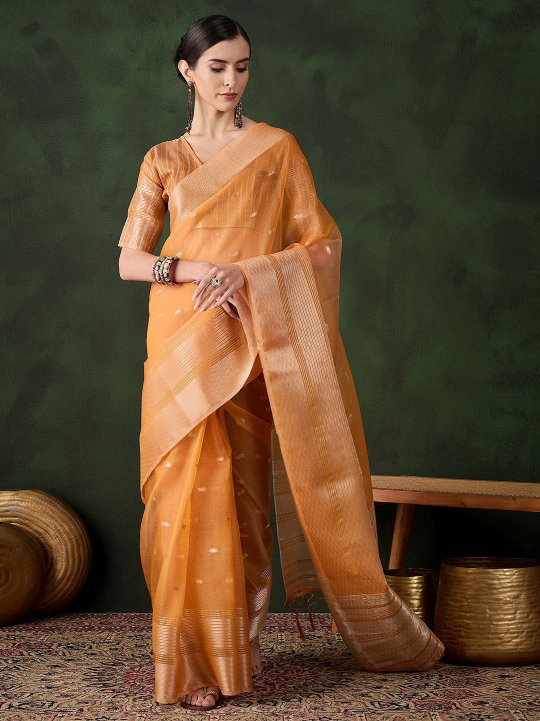 

Sangria Woven Design Kanjeevaram Saree With Blouse Piece, Orange