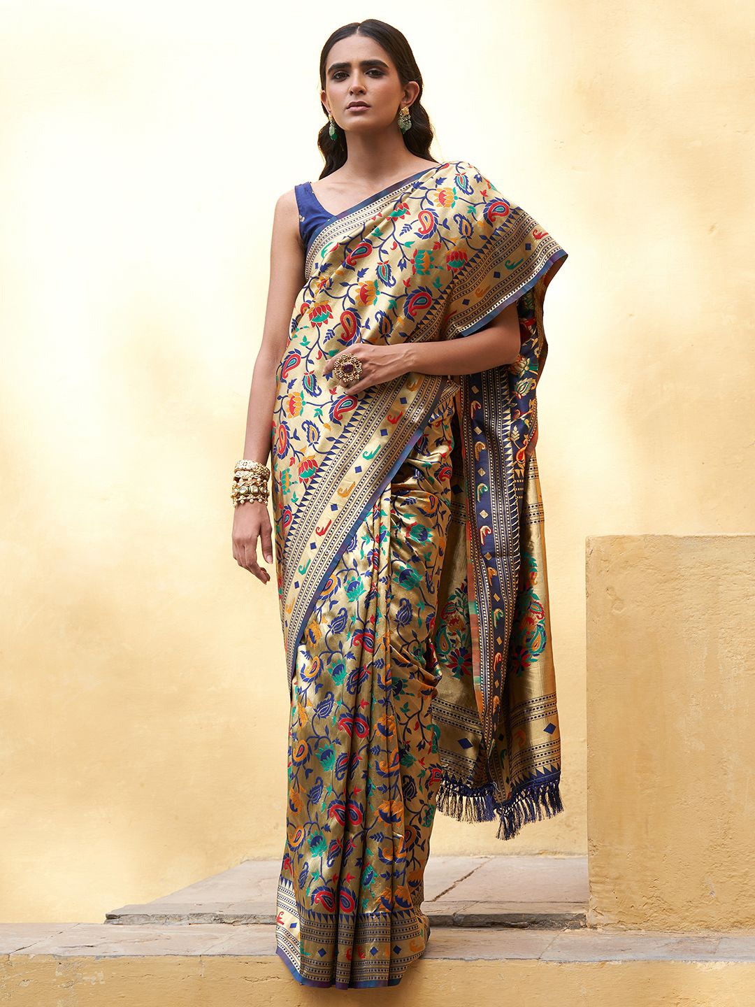 

KALINI Woven Design Silk Blend Ready to Wear Paithani Saree, Gold