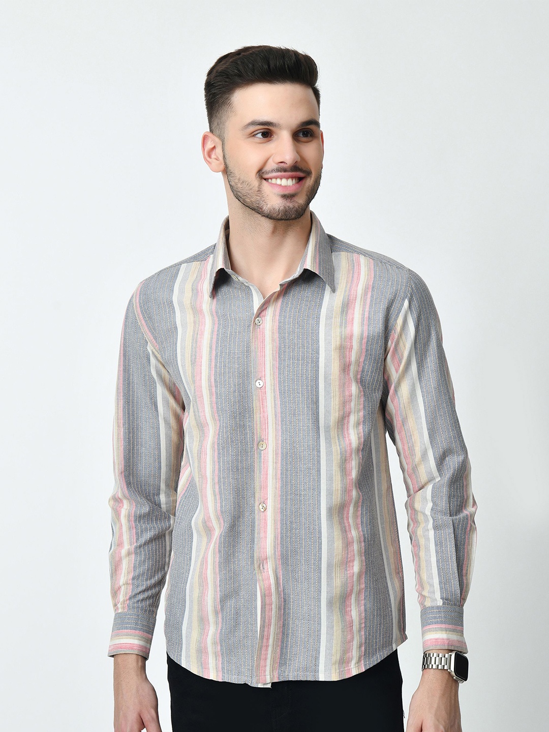 

ALL WAYS YOU Men Standard Multi Stripes Opaque Striped Casual Shirt, Grey