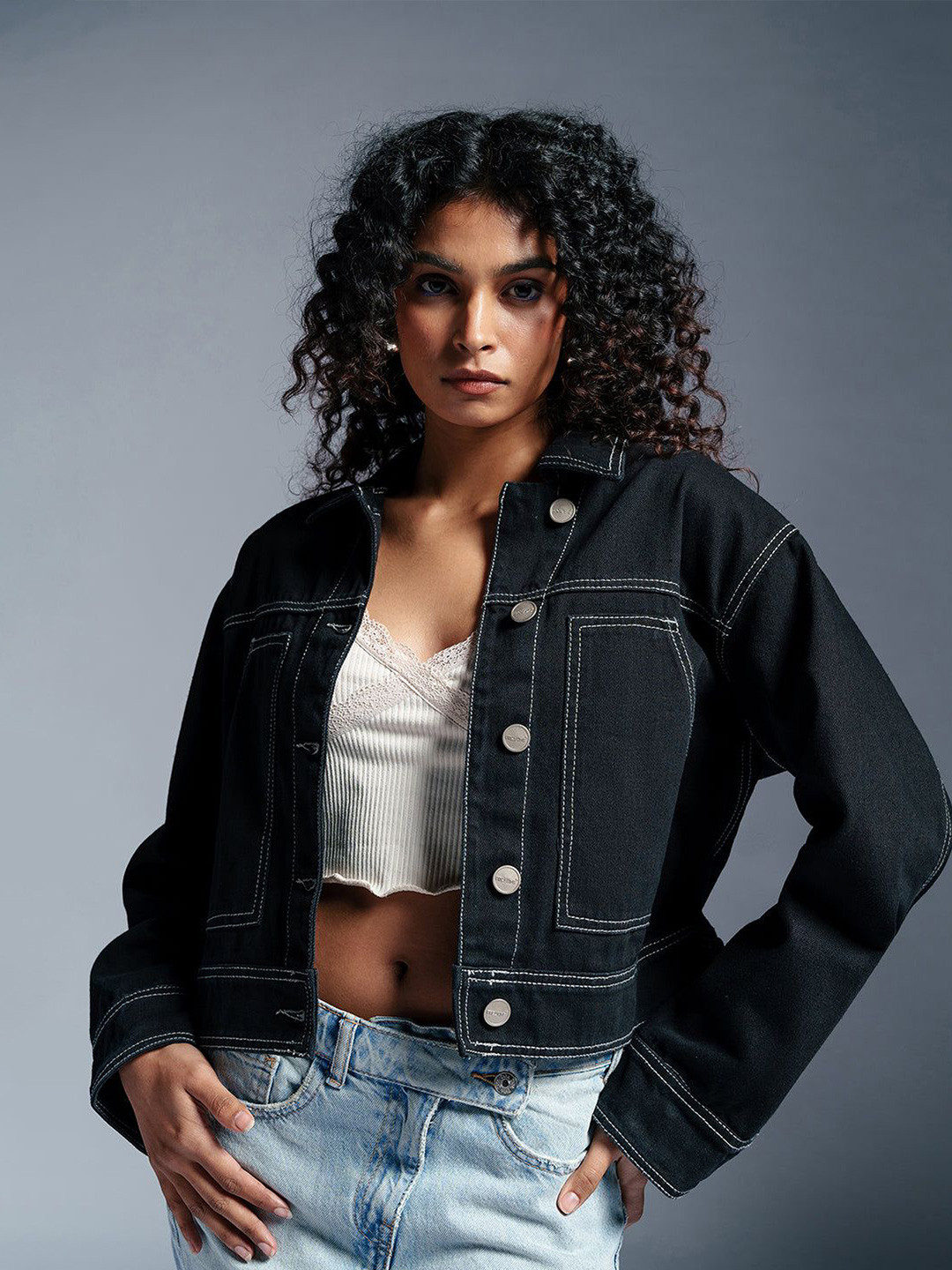 

FREAKINS Women Spread Collar Solid Casual Denim Jacket, Black