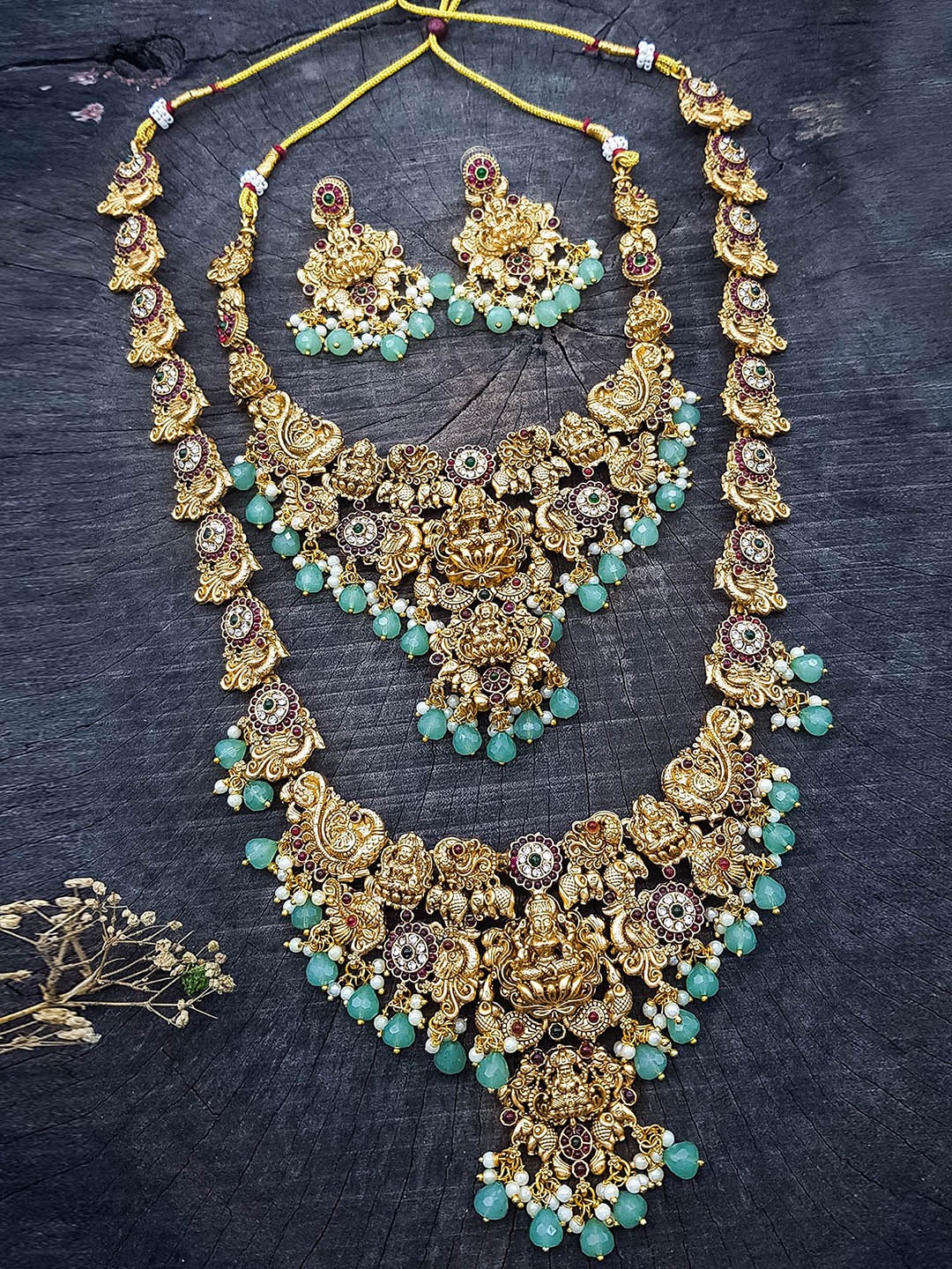 

GRIIHAM Gold-Plated CZ Studded & Beaded Laxmi Jewellery Set