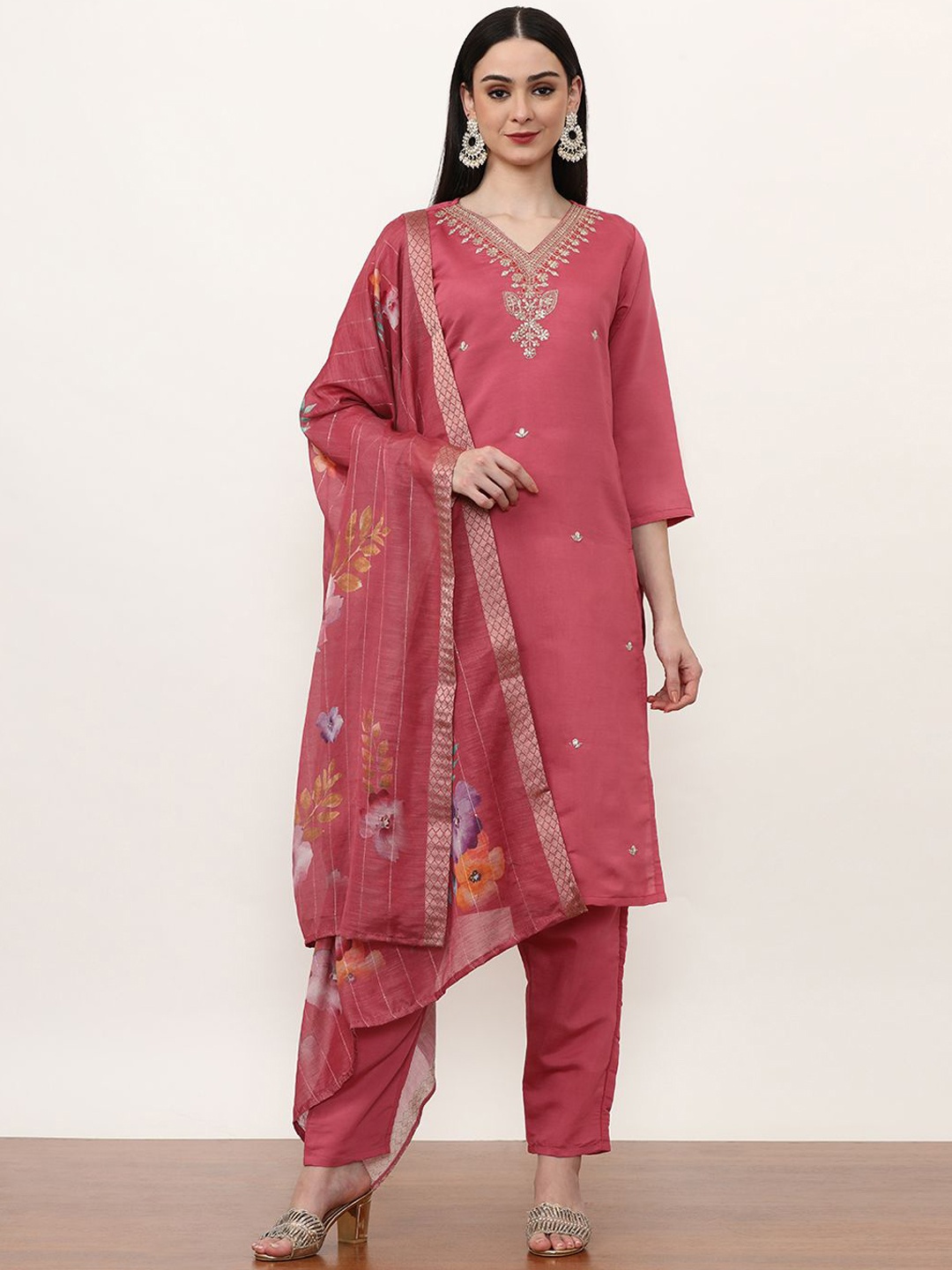 

Jaipur Kurti Women Ethnic Motifs Embroidered Regular Chanderi Silk Kurta with Trousers & With Dupatta, Magenta