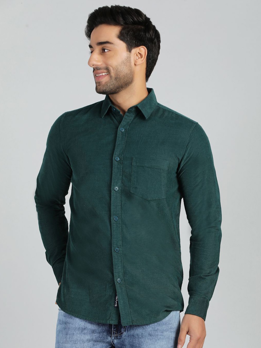 

JADE BLUE Men Spread Collar Textured Cotton Slim Fit Casual Shirt, Teal