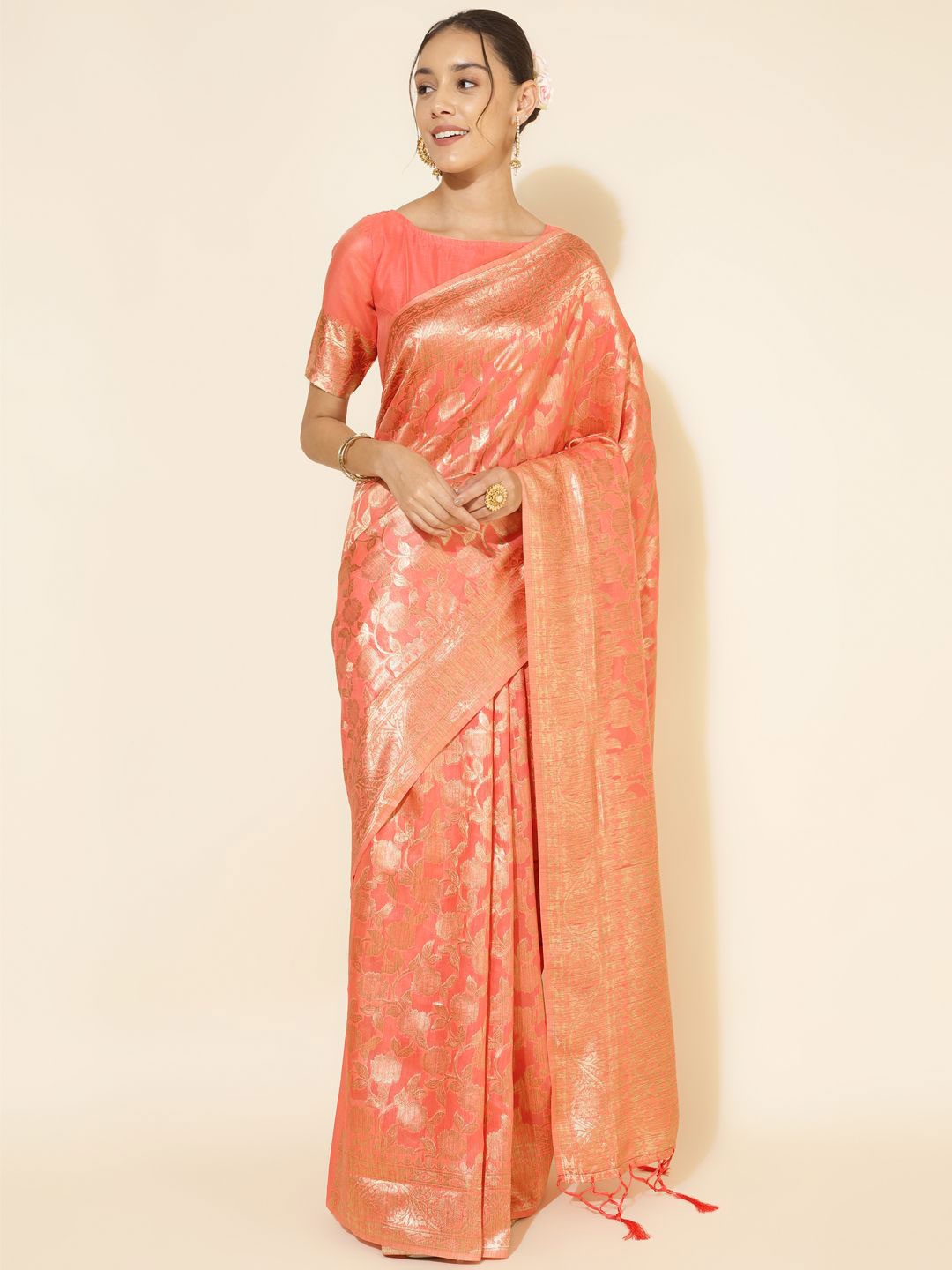 

KALINI Peach Chanderi Silk Floral Saree with Unstitched Blouse Piece