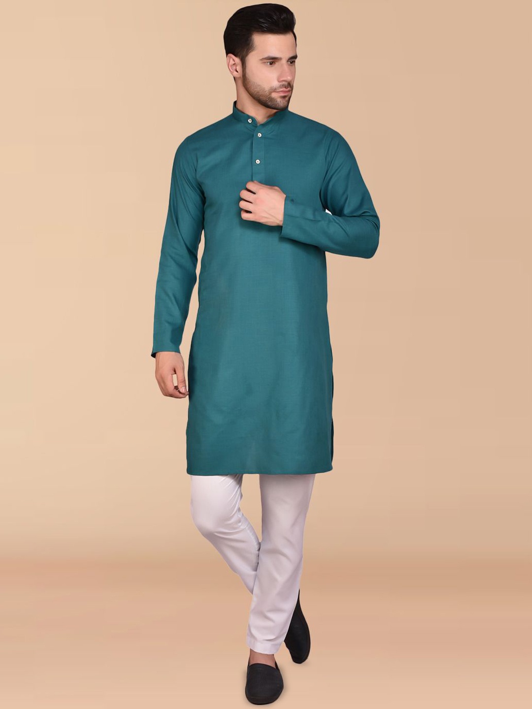 

BOWLIFESTYLE Band Collar Pure Cotton Straight Kurta with Trousers, Teal