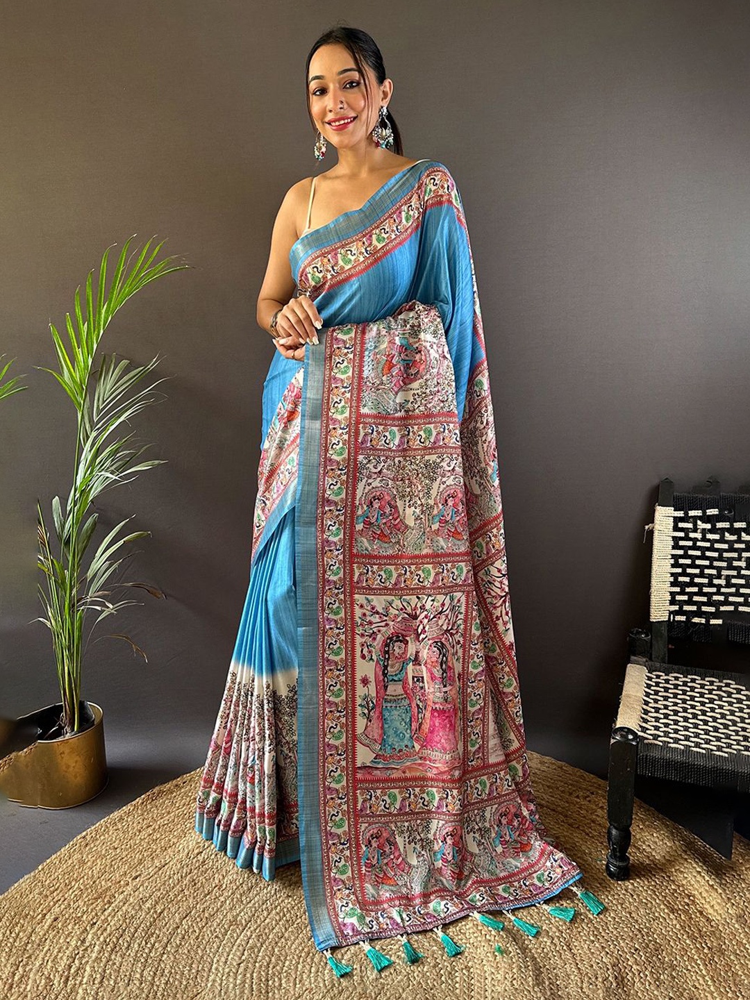 

Kalista Ethnic Motifs Zari Silk Blend Tussar Saree, Blue