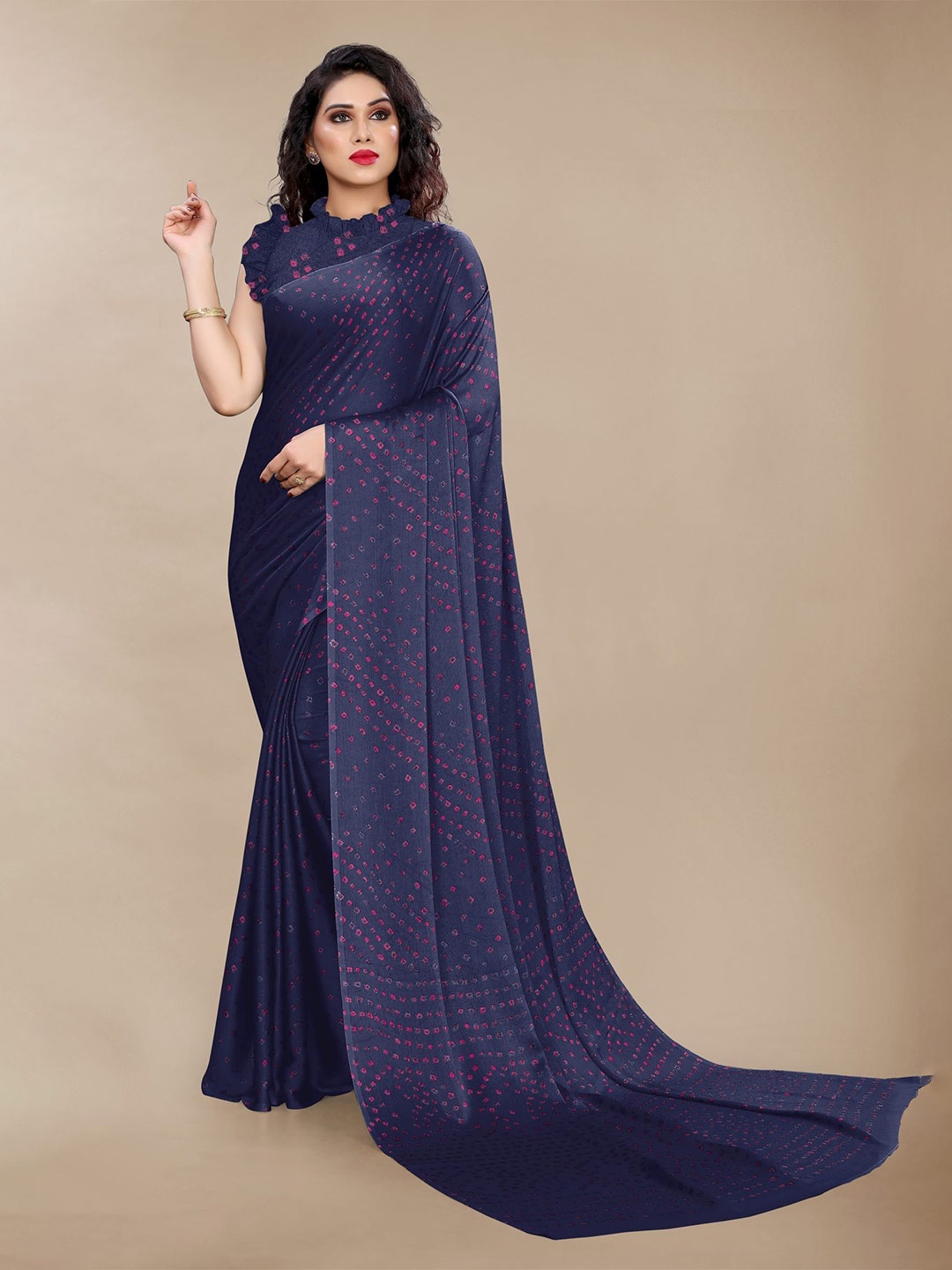 

KALINI Bandhani Block Print Saree, Navy blue