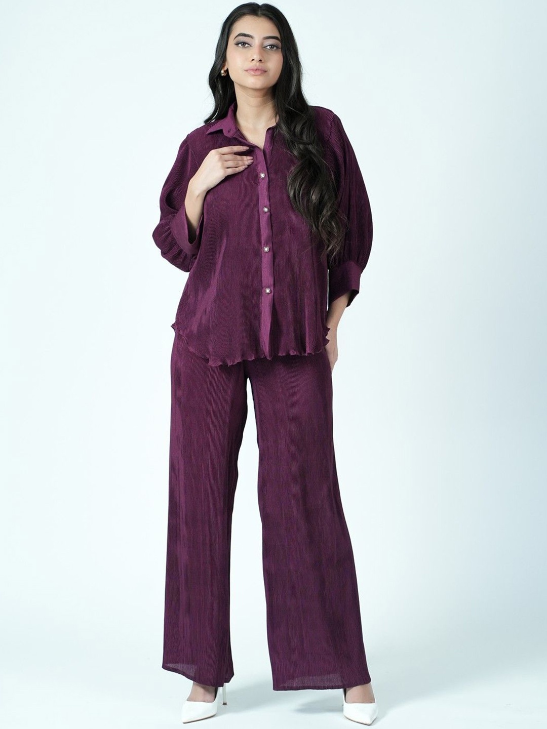 

KINA Self Design Shirt Collar Three-Quarter Sleeves Shirt With Palazzo, Purple