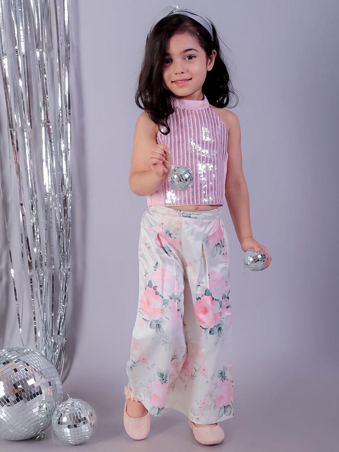 

LIL DRAMA Girls Embellished Sleeveless Top with Palazzos, Pink