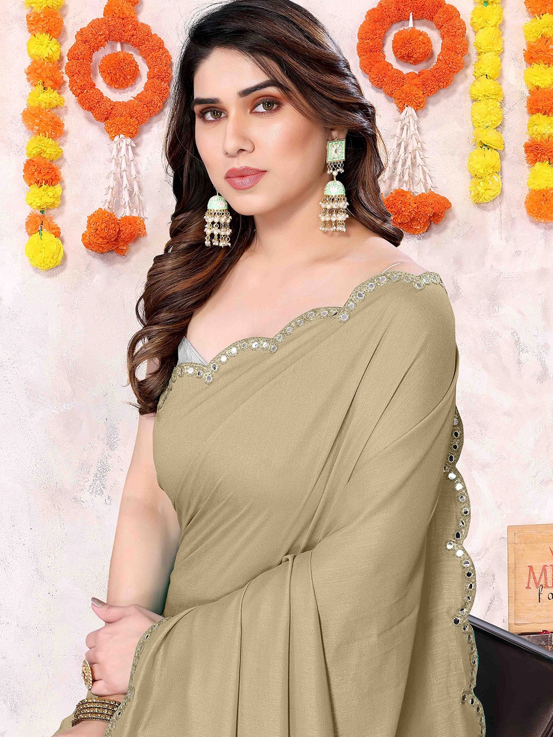 

KALINI Mirror Work Embellished Saree With Blouse Piece, Gold