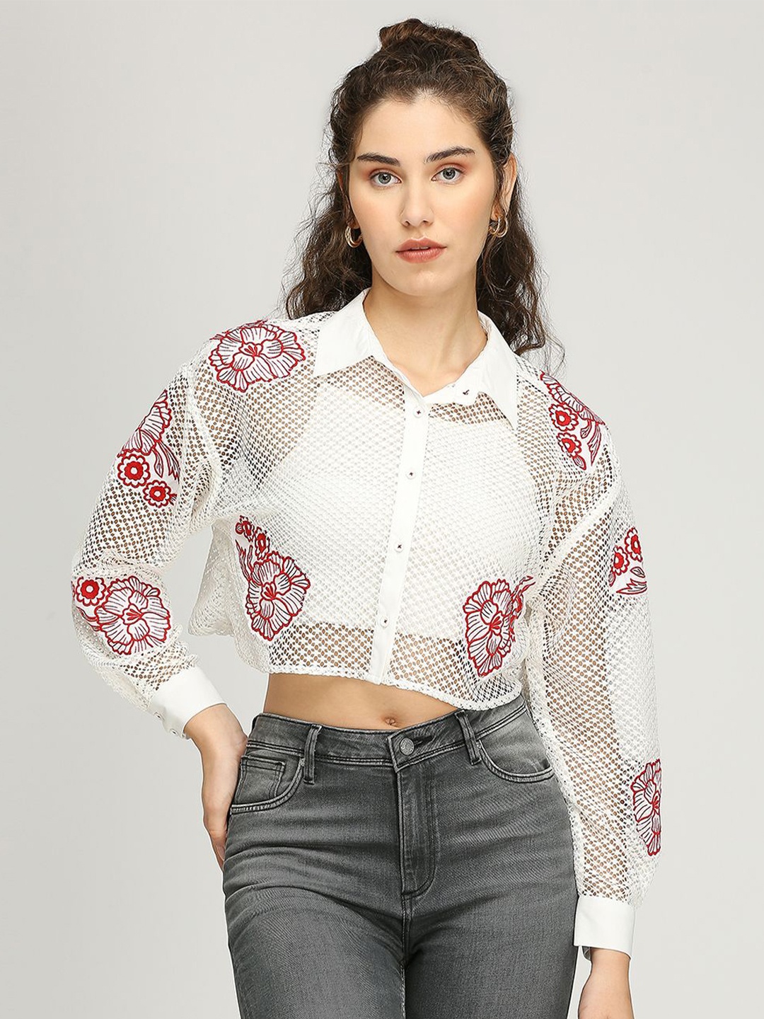 

IZEL Women Floral Embroidered Shirt Style Crop Top, White