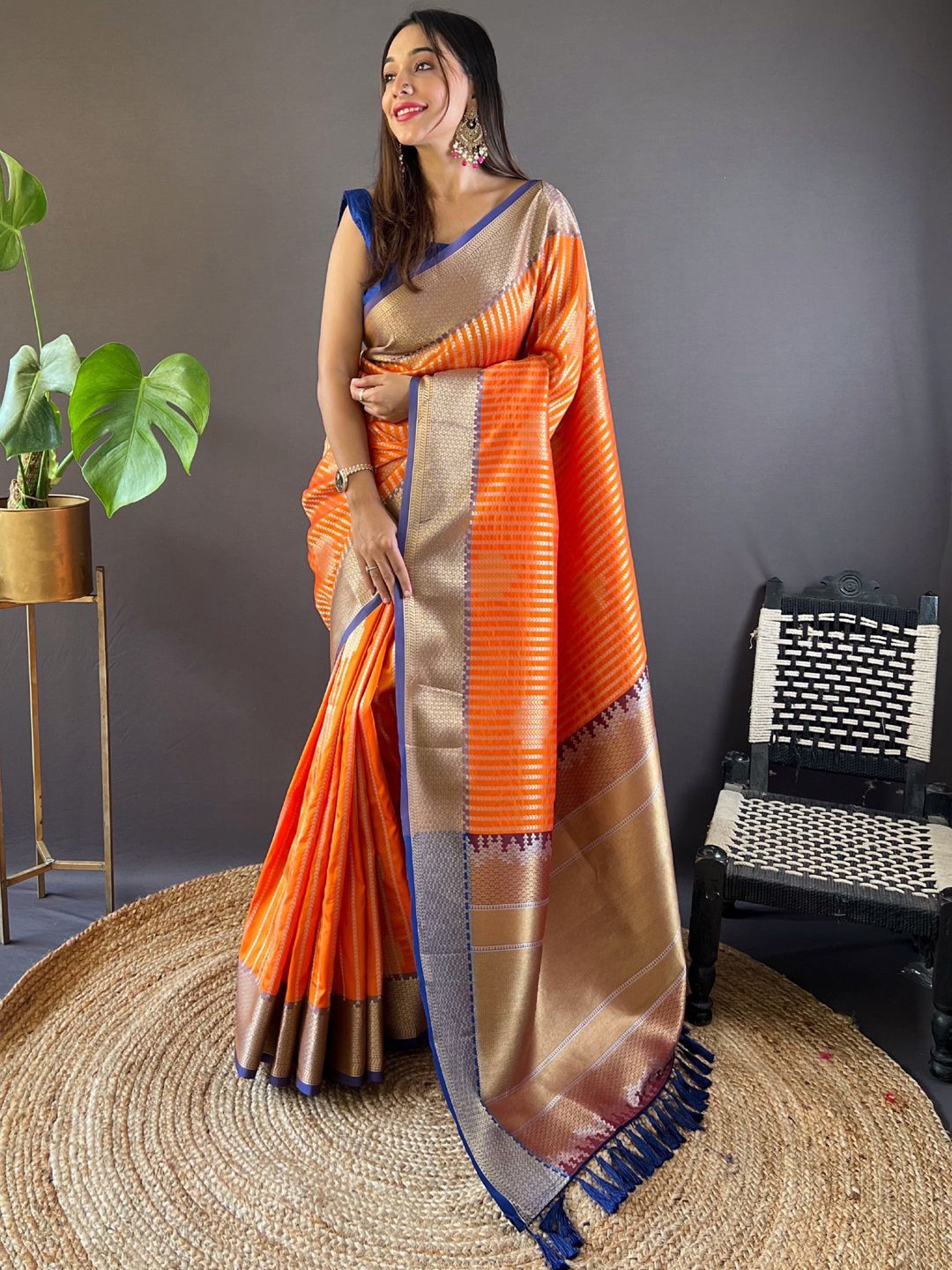 

Panzora Woven Design Zari Silk Blend Banarasi Saree, Orange