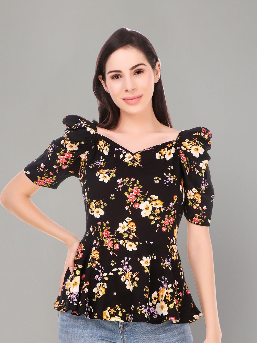 

Zuvino Floral Print Sweetheart Neck Puff Sleeve Peplum Top, Black