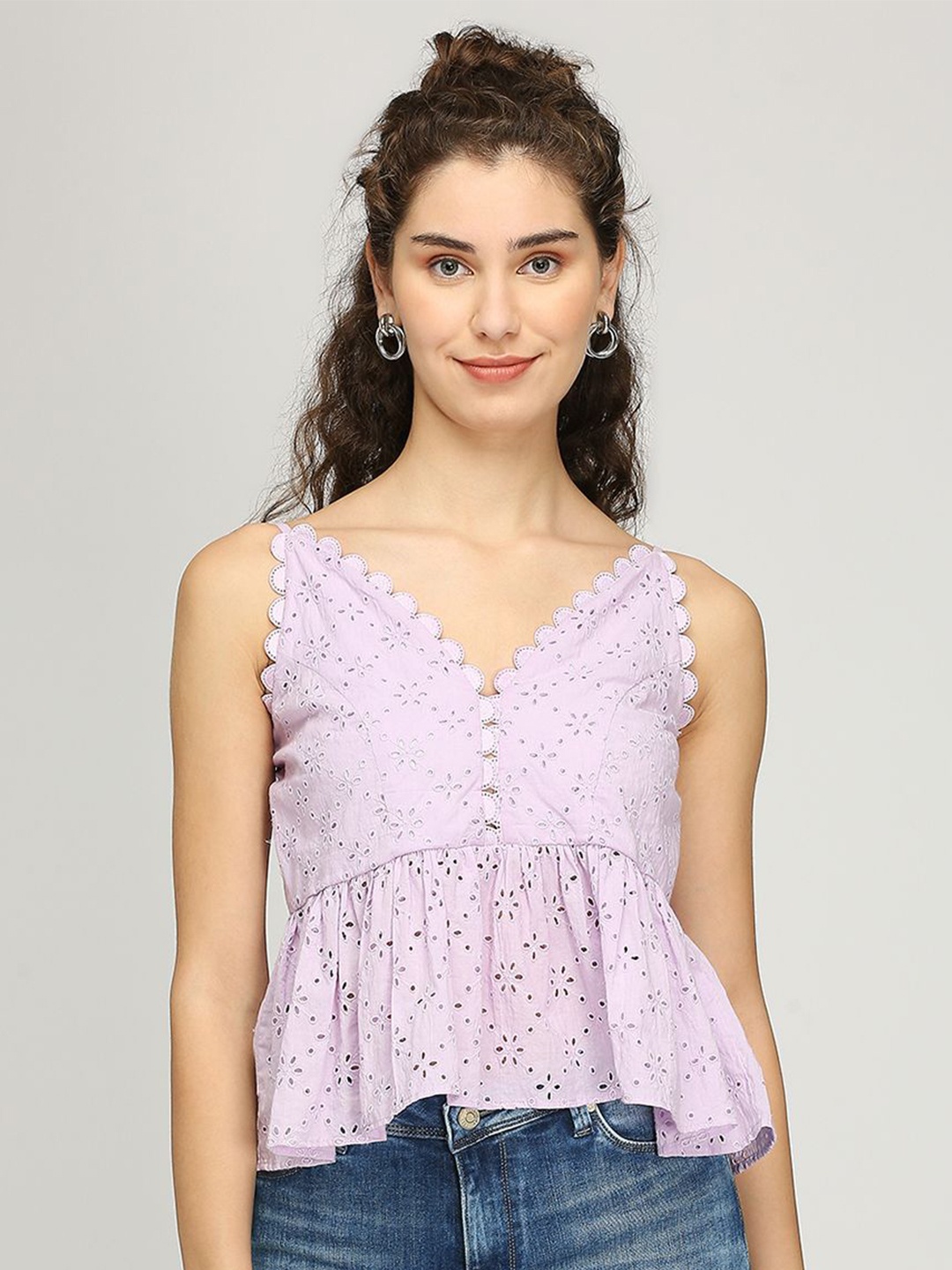 

IZEL Women Cotton Schiffli Sleeveless Peplum Crop Top, Lavender