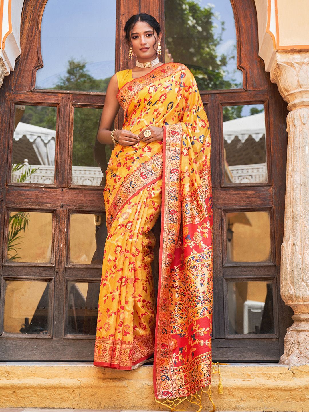 

KALINI Yellow Chanderi Silk Pashmina Saree with Unstitched Blouse Piece