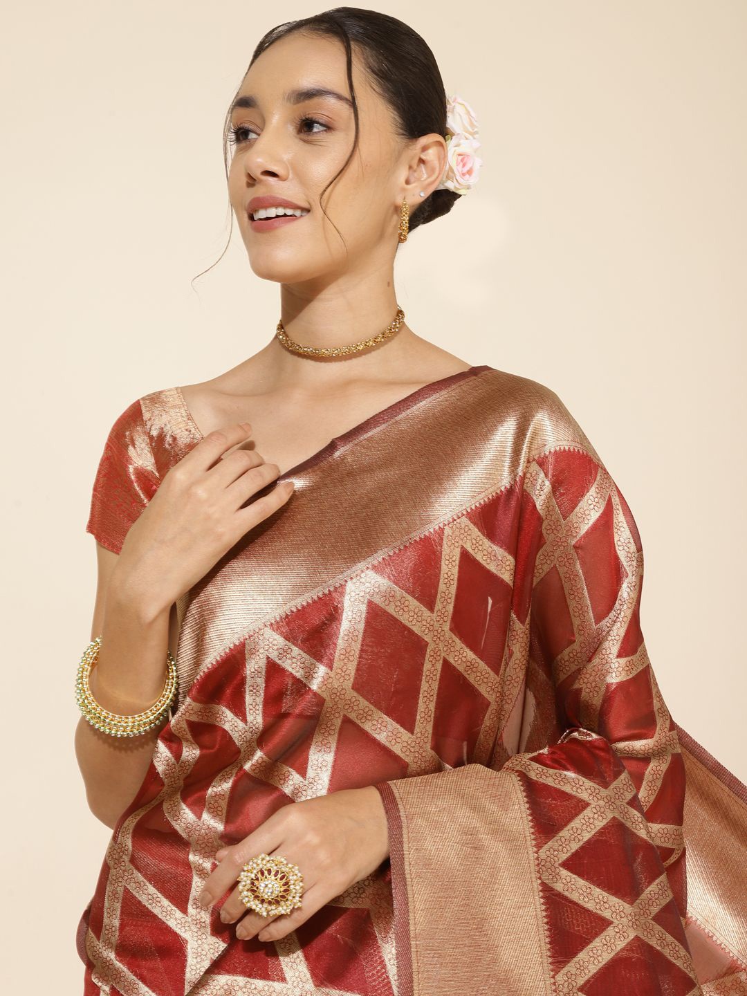 

KALINI Woven Design Zari Organza Saree, Maroon