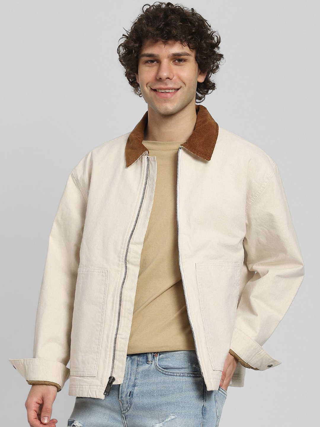 

AMERICAN EAGLE OUTFITTERS Men Spread Collar Solid Cotton Casual Bomber Jacket, Cream