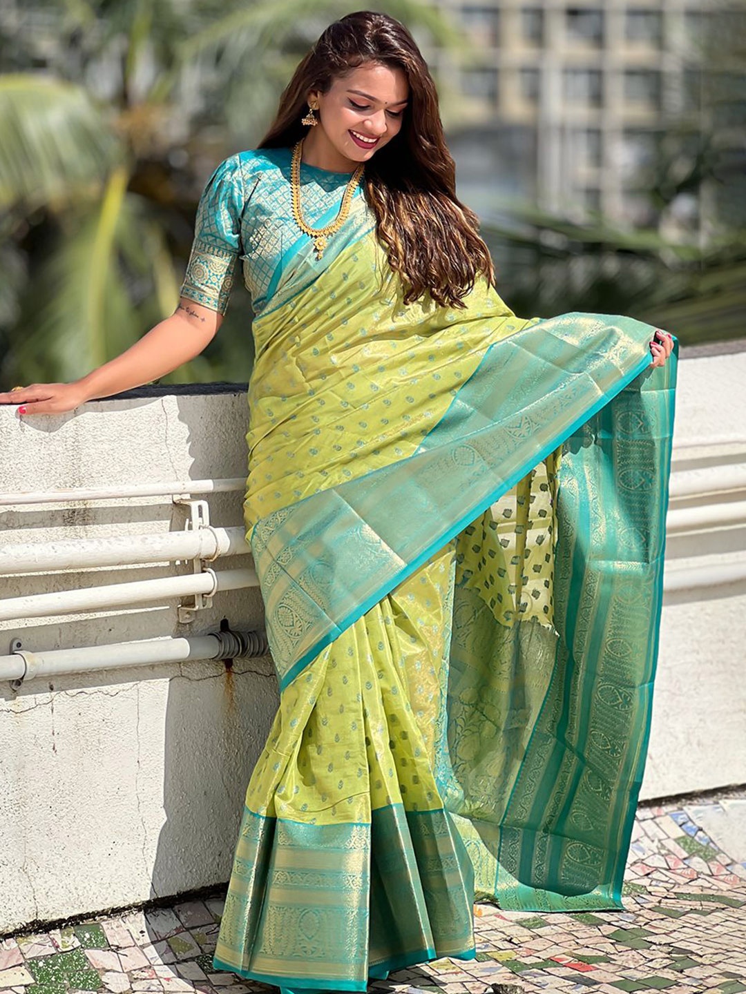 

Kalista Woven Design Zari Silk Blend Saree, Lime green