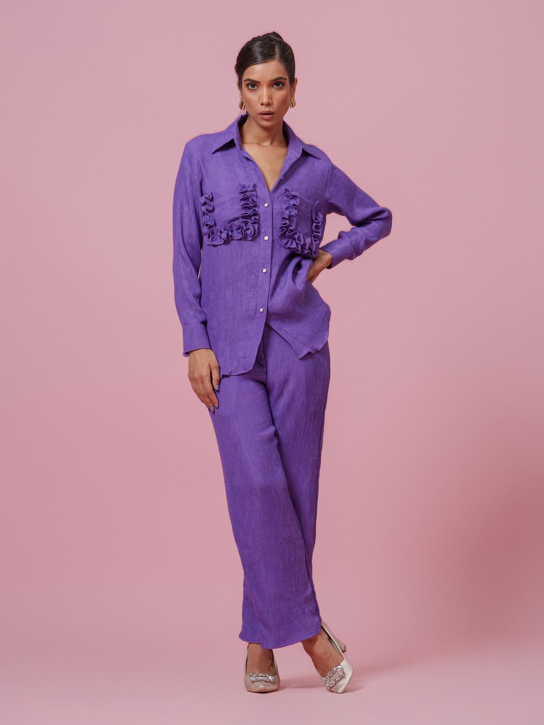 

KINA Embellished Shirt Collar Long Sleeves Shirt With Trouser, Purple