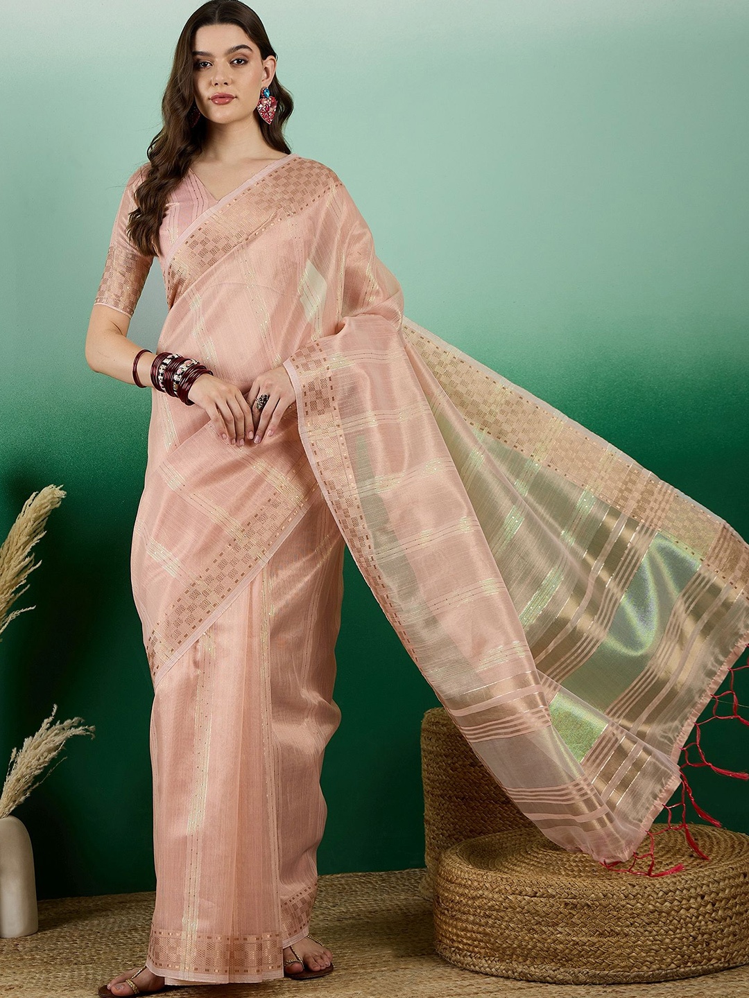 

Kalista Striped Zari Organza Saree, Pink
