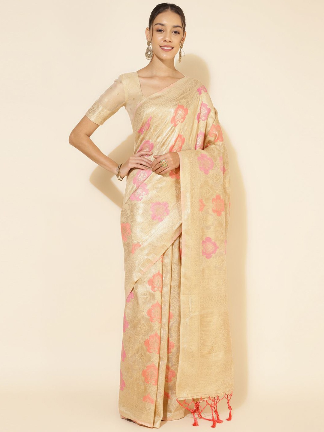 

KALINI Ethnic Motifs Zari Silk Blend Ready to Wear Saree, Cream