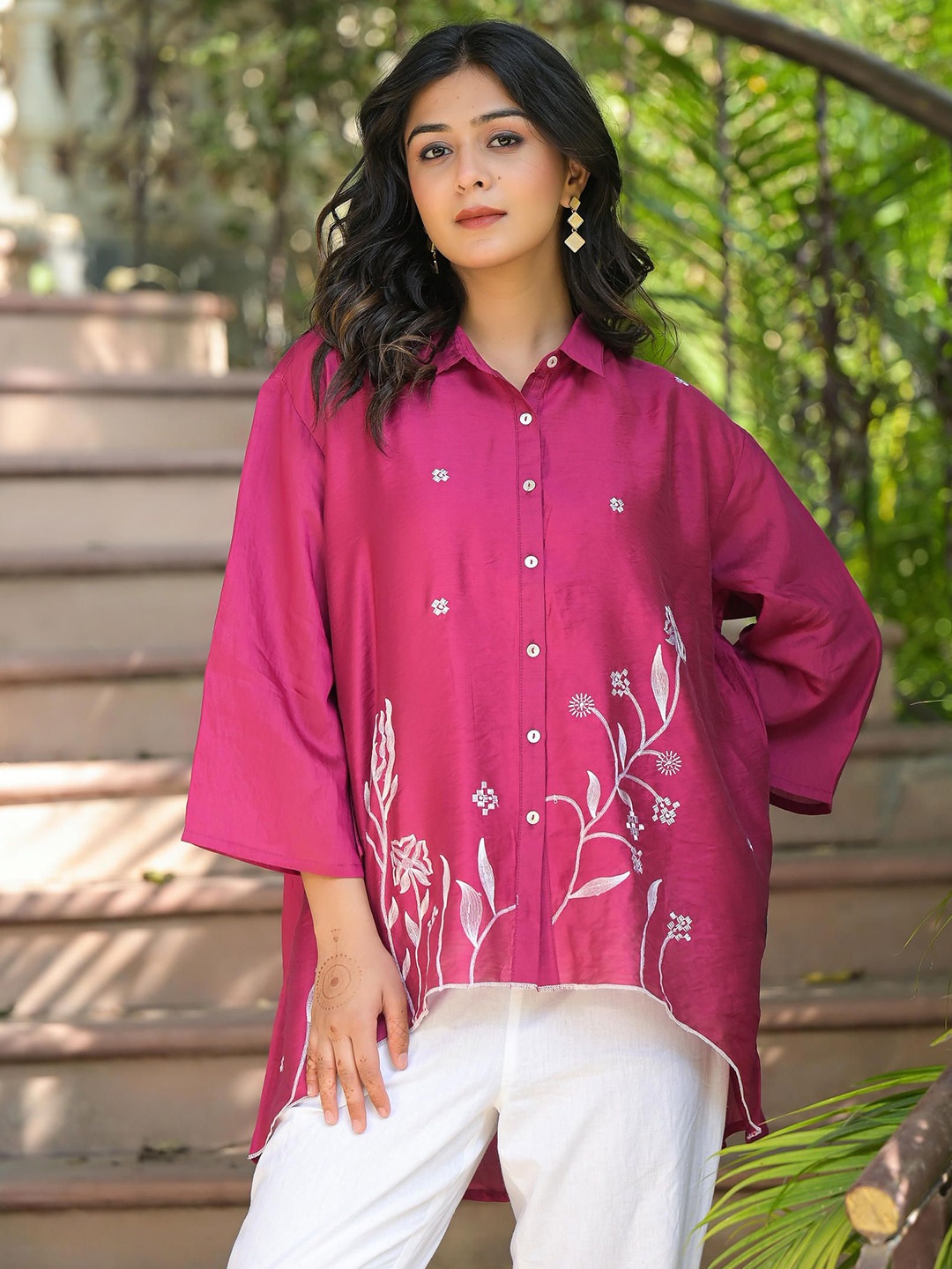 

Juniper Women Embroidered Casual Shirt, Fuchsia