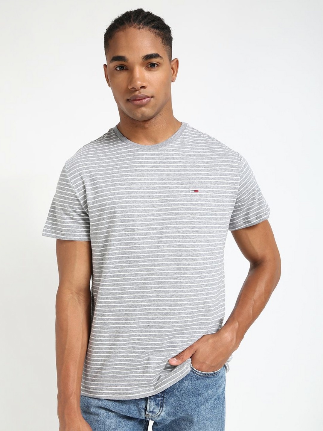 

Tommy Hilfiger Men Striped Round Neck Slim Fit Pure Cotton T-shirt, Grey