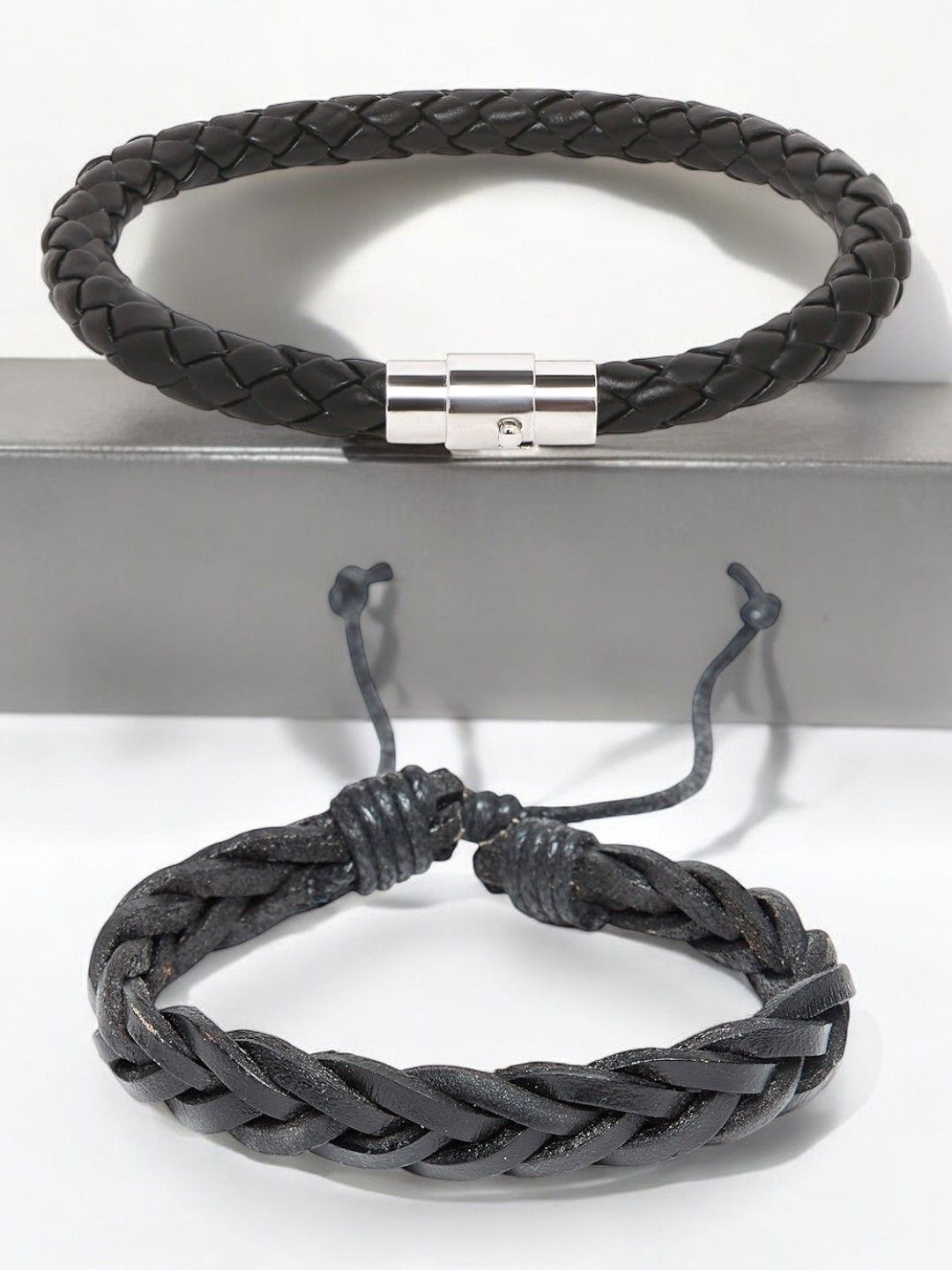 

The Roadster Lifestyle Co. Men Set Of 2 Braided Leather Bracelets, Black