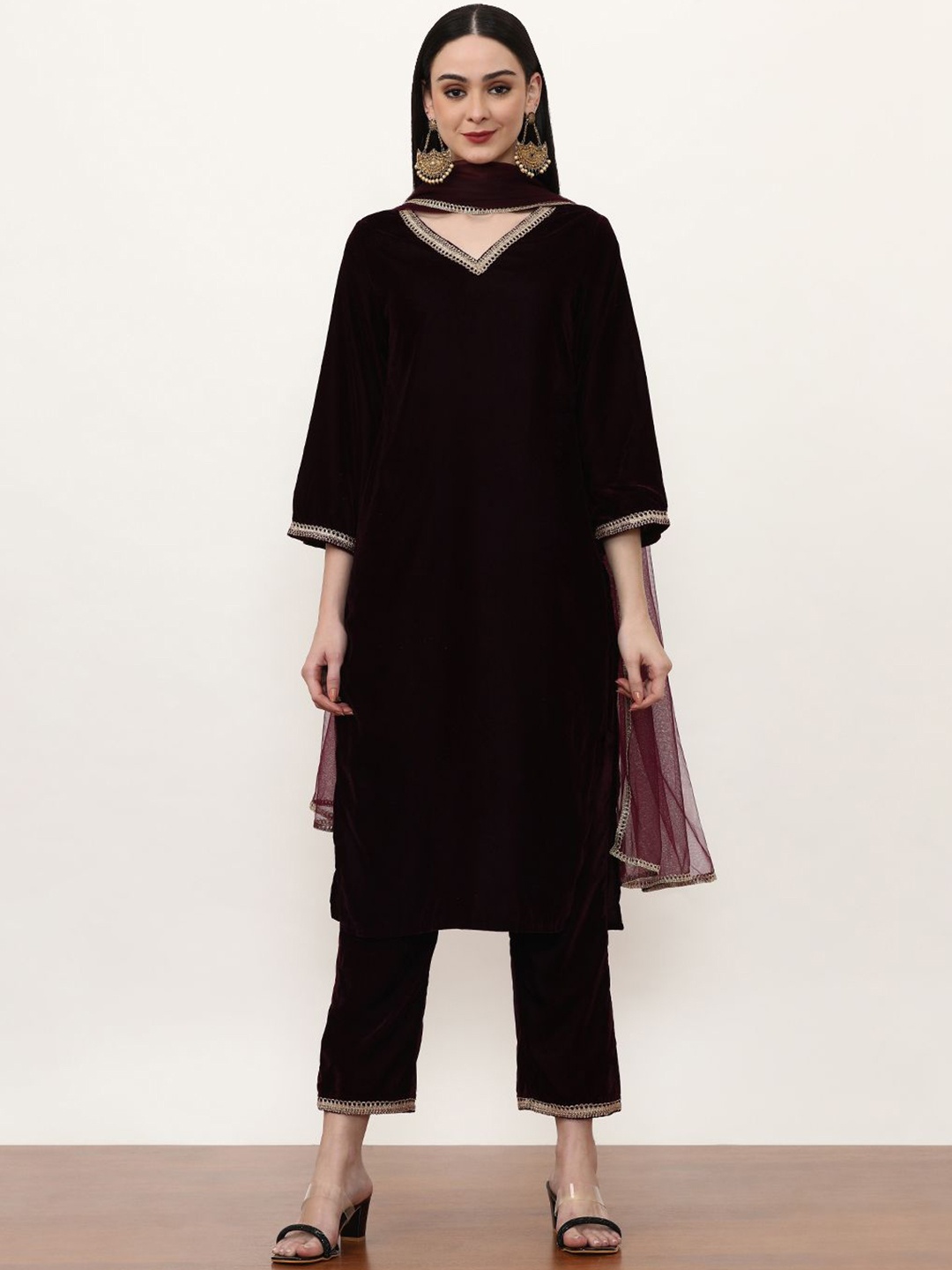 

Jaipur Kurti Burgundy Ethnic Motifs Embroidered Velvet Kurta With Trouser & Dupatta
