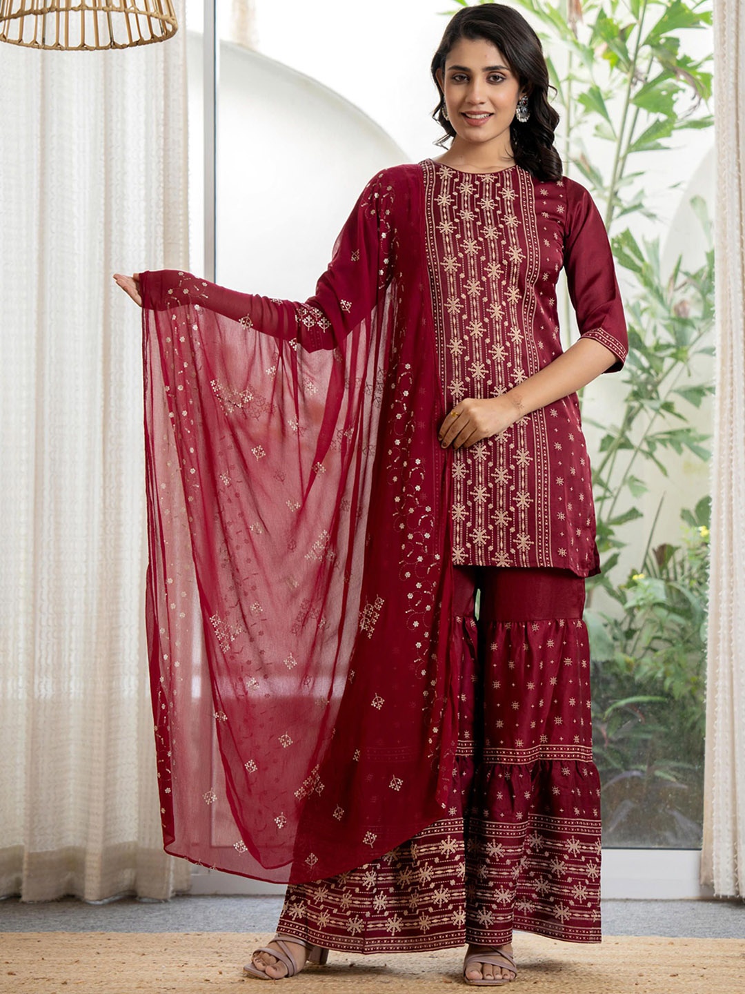 

Juniper Women Ethnic Motifs Embroidered Regular Thread Work Top with Sharara & With Dupatta, Maroon