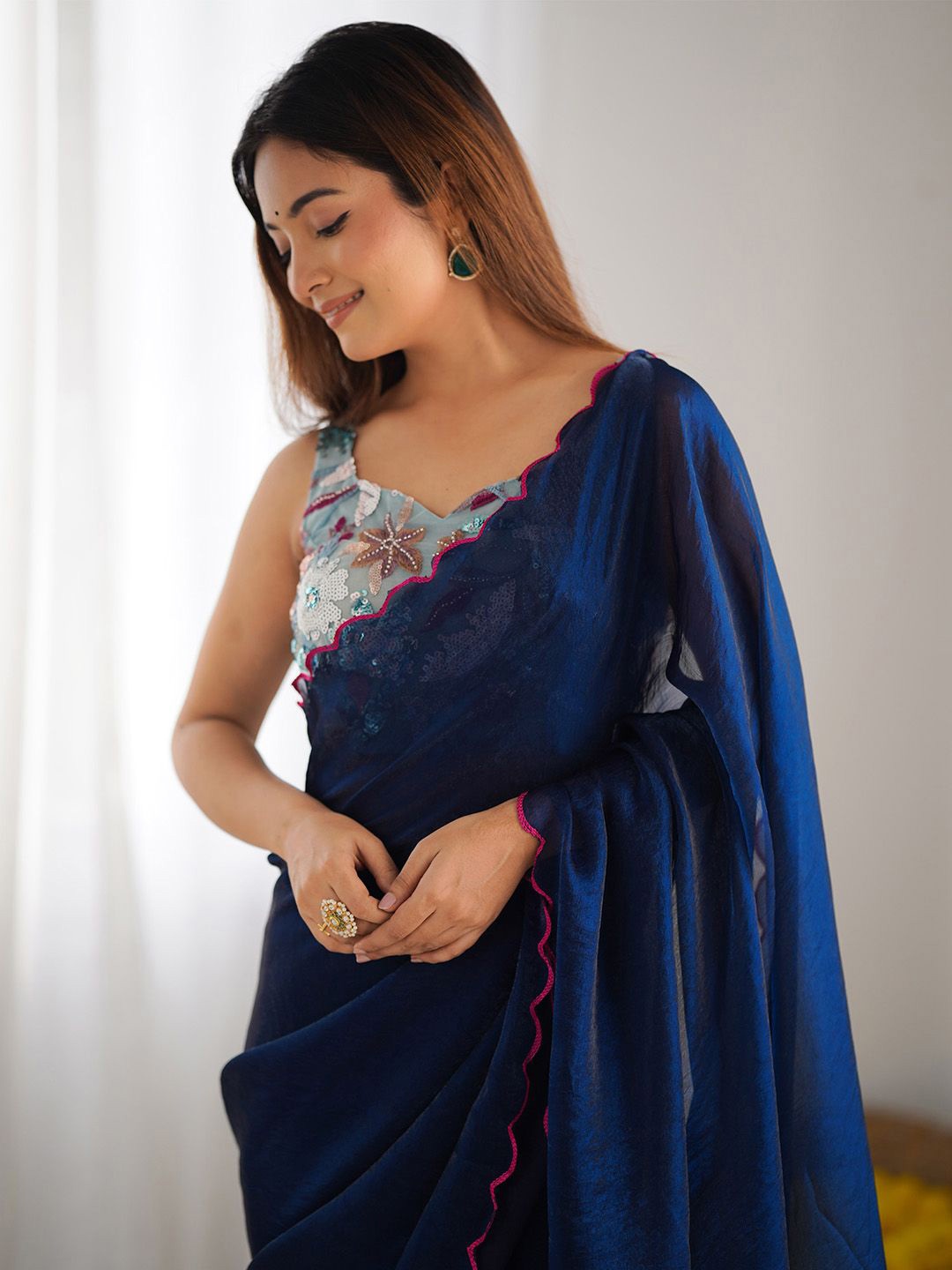 

Anouk Embroidered Satin Saree with Matching Blouse, Teal