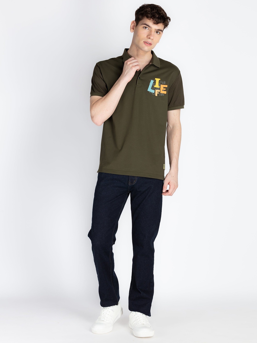 

Status Quo Men Cotton Typography Printed Polo Collar T-shirt, Olive