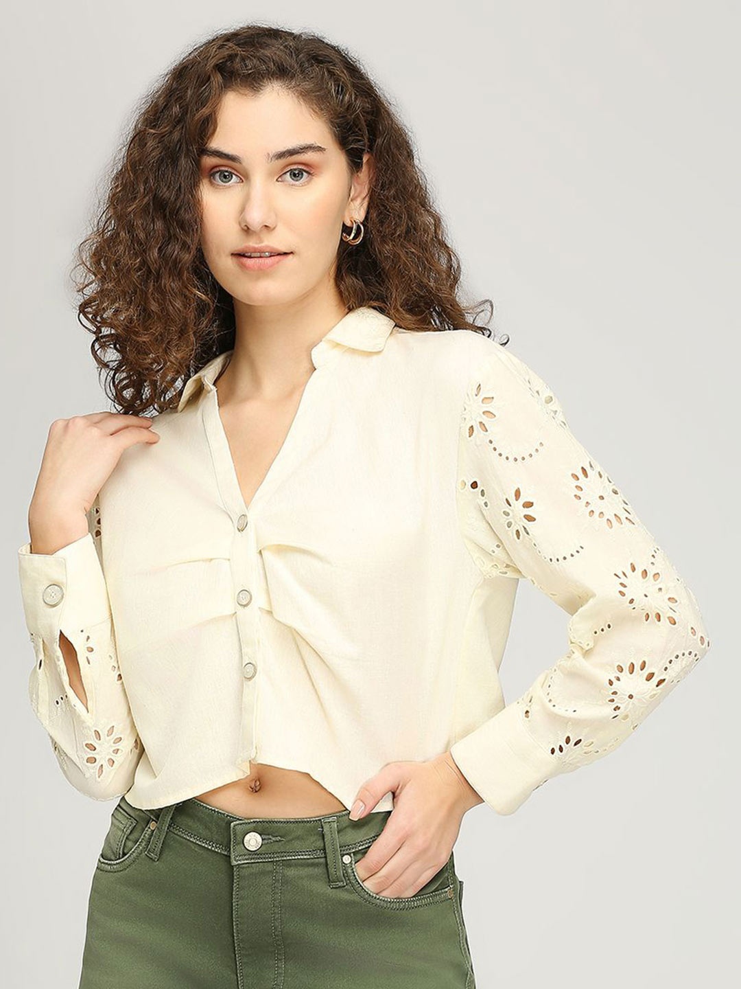 

IZEL Cotton Schiffli Cotton Shirt Style Crop Top, Cream
