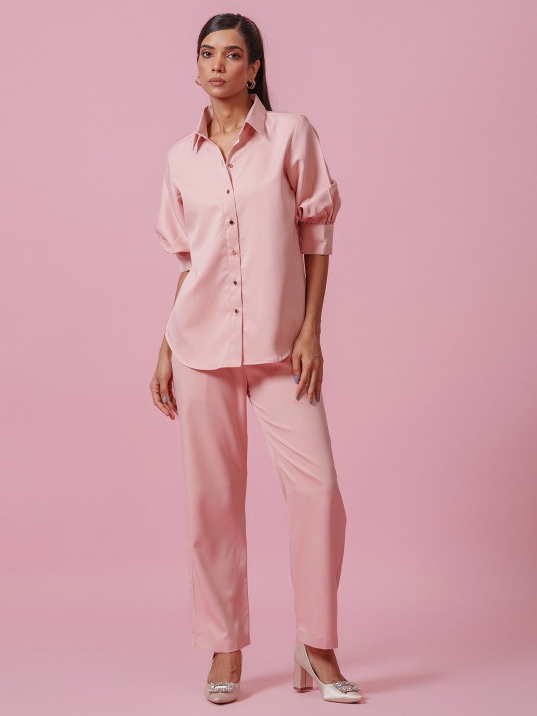 

KINA Shirt Collar Three-Quarter Sleeves Shirt With Trouser, Pink