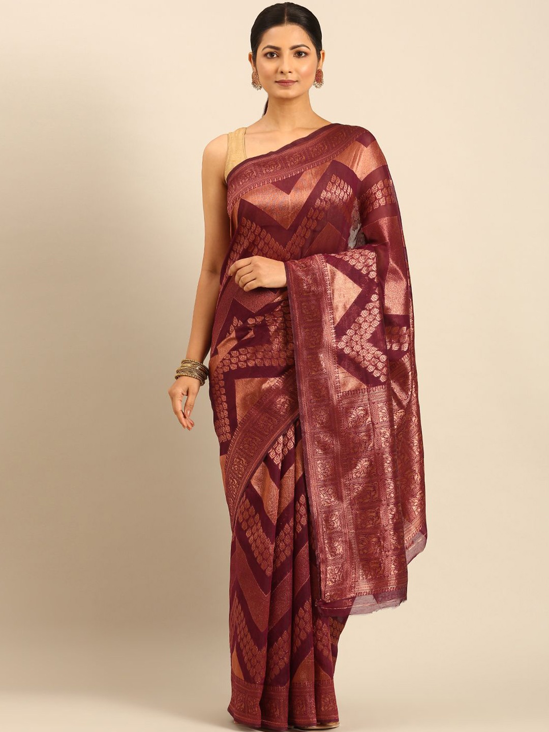

Panzora Women Ethnic Motifs Zari Saree With Blouse Piece, Maroon
