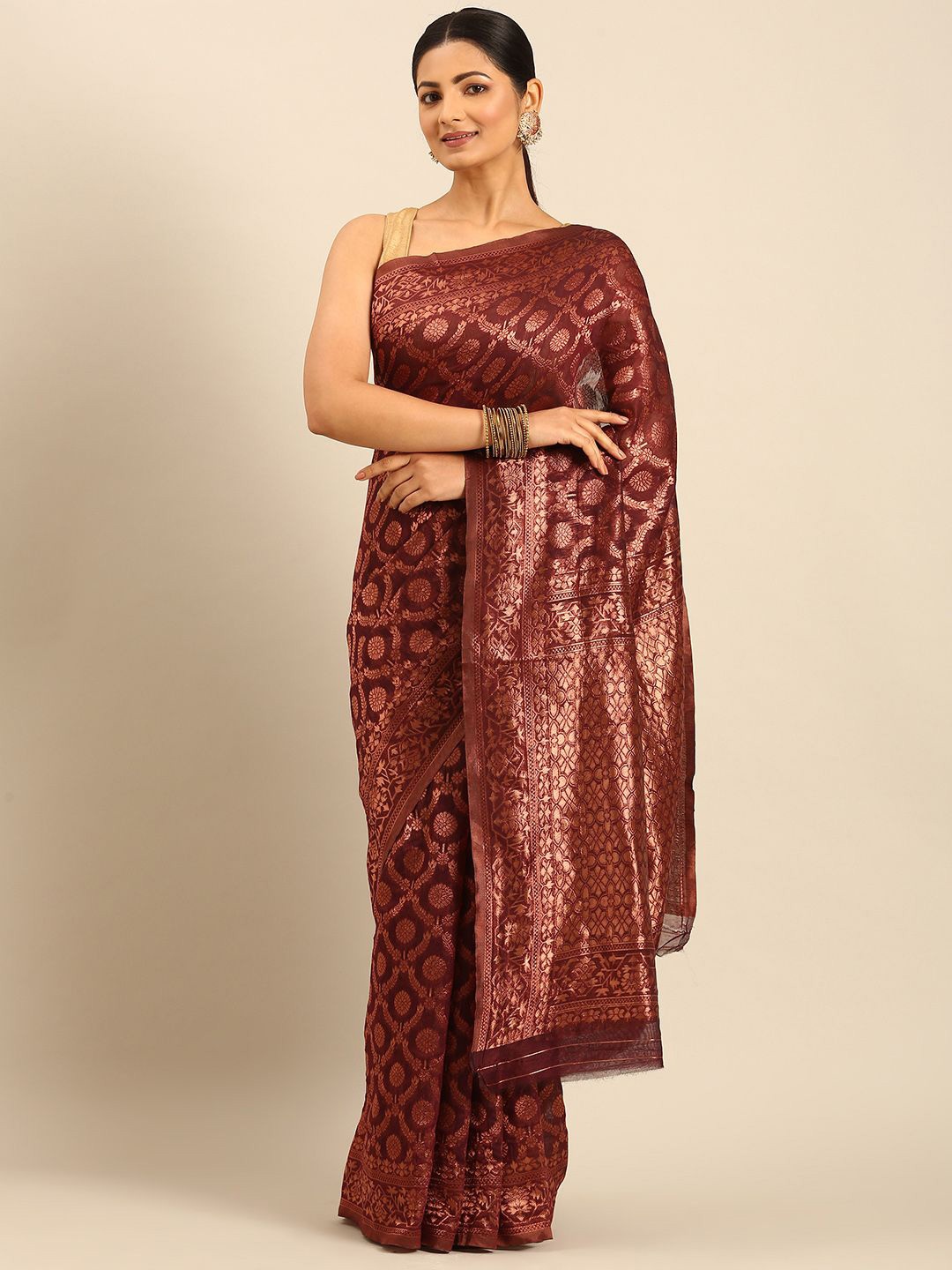 

Panzora Ethnic Motifs Zari Saree With Unstitched Blouse Piece, Maroon