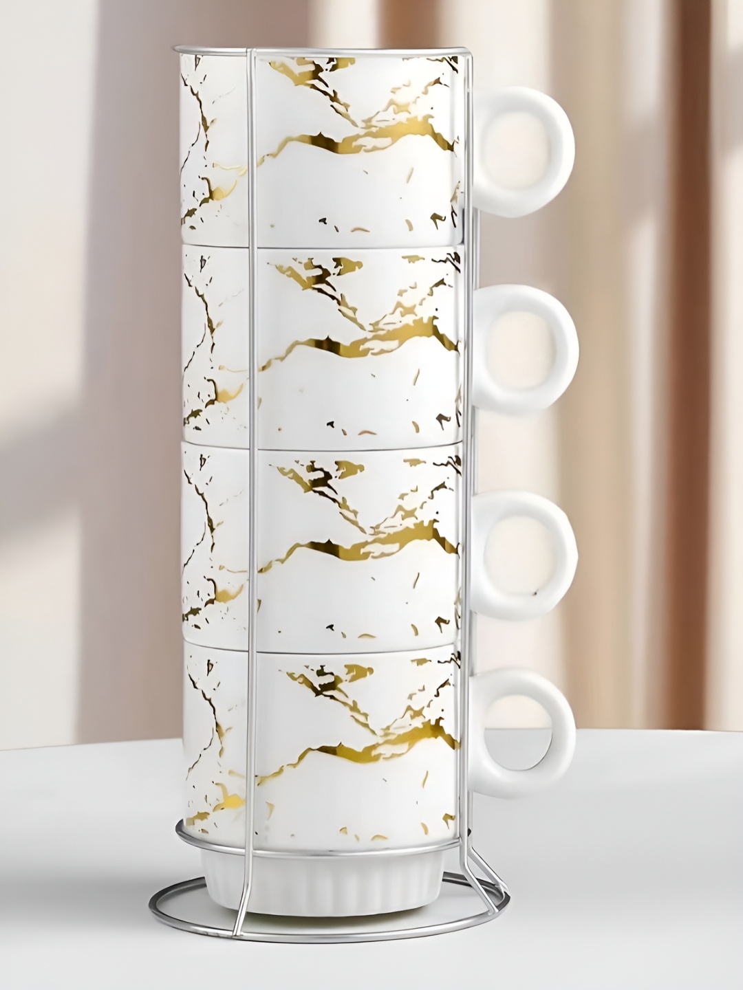 

BonZeaL White & Beige 4 Pcs Abstract Printed Ceramic Matte Cups 270 ml