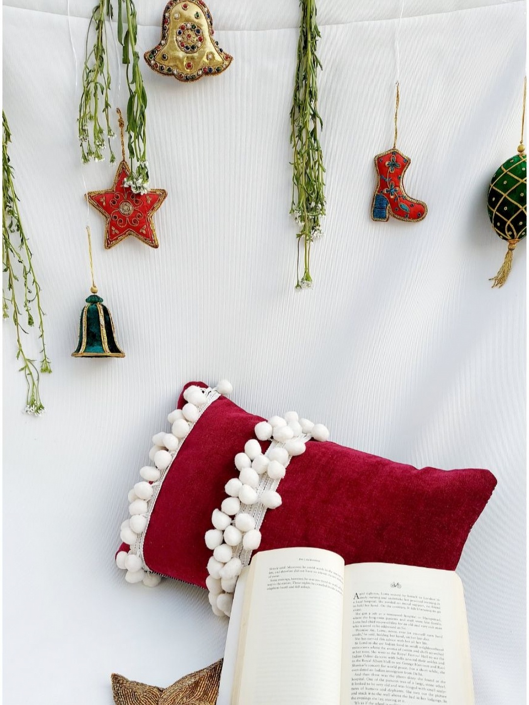 

THROWPILLOW Maroon & White Embellished Velvet Rectangle Cushion Covers