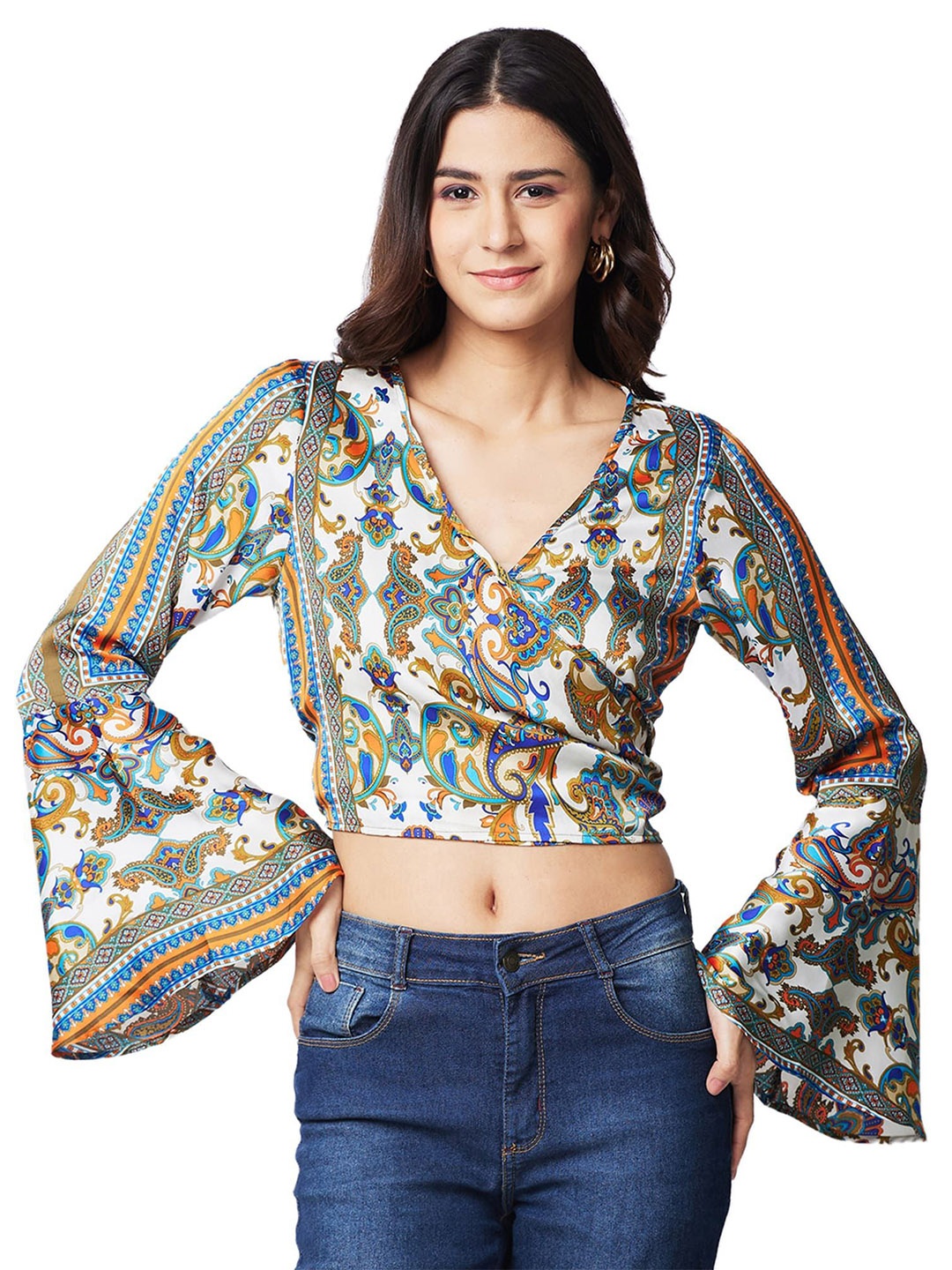 

IZEL Women Ethnic Motifs Printed Wrap Crop Top, Olive