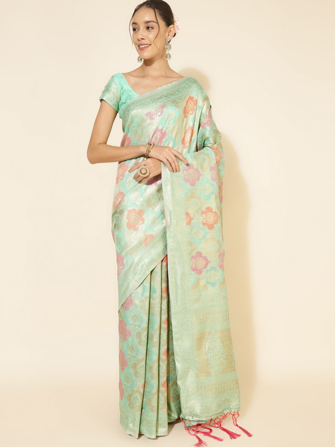 

KALINI Woven Design Zari Silk Blend Saree, Green