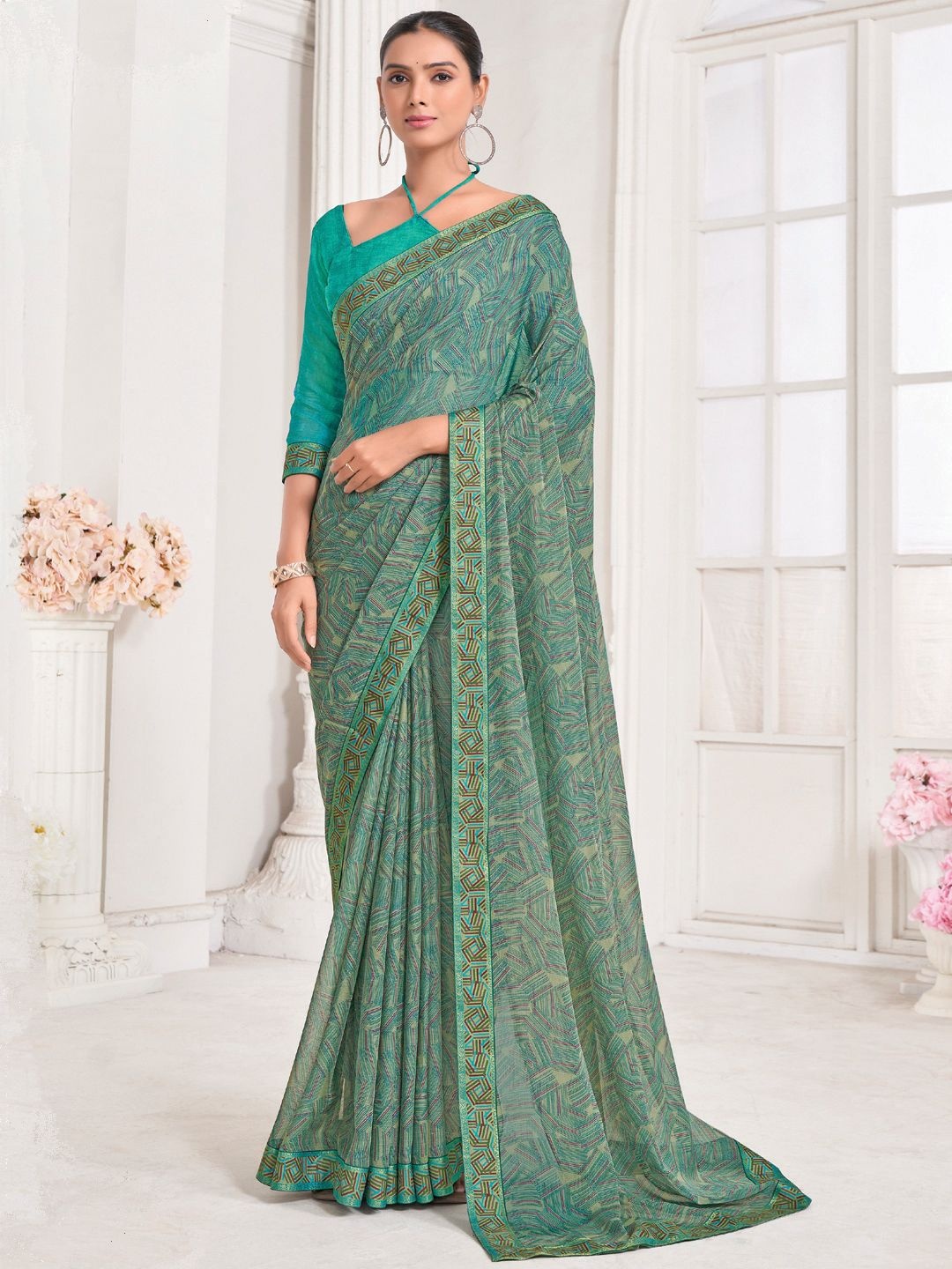 

Panzora Woven Design Poly Chiffon Designer Saree, Teal