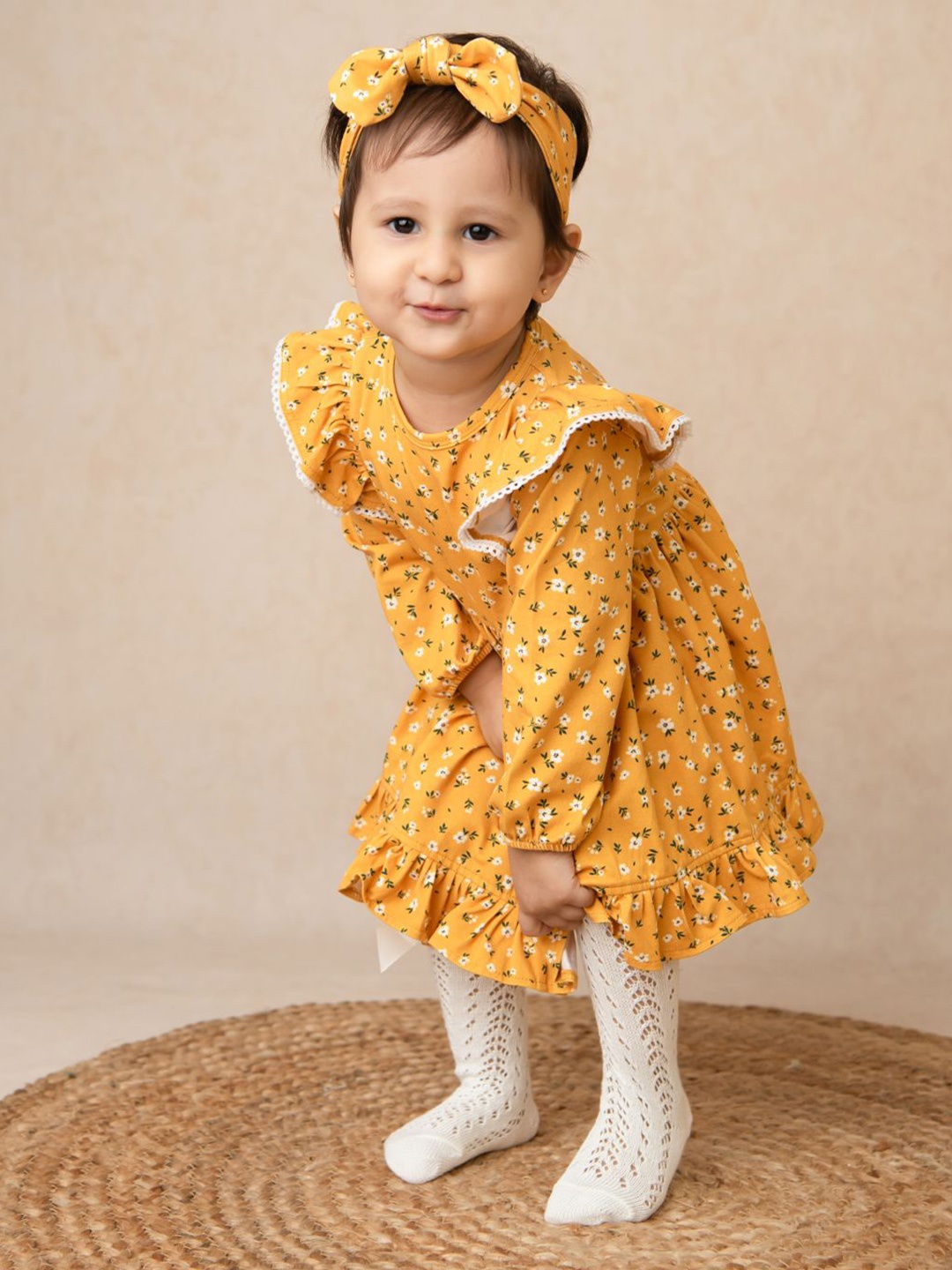 

COT & CANDY Girls Floral Printed Ruffles Detail Organic Cotton Fit & Flare Dress, Mustard