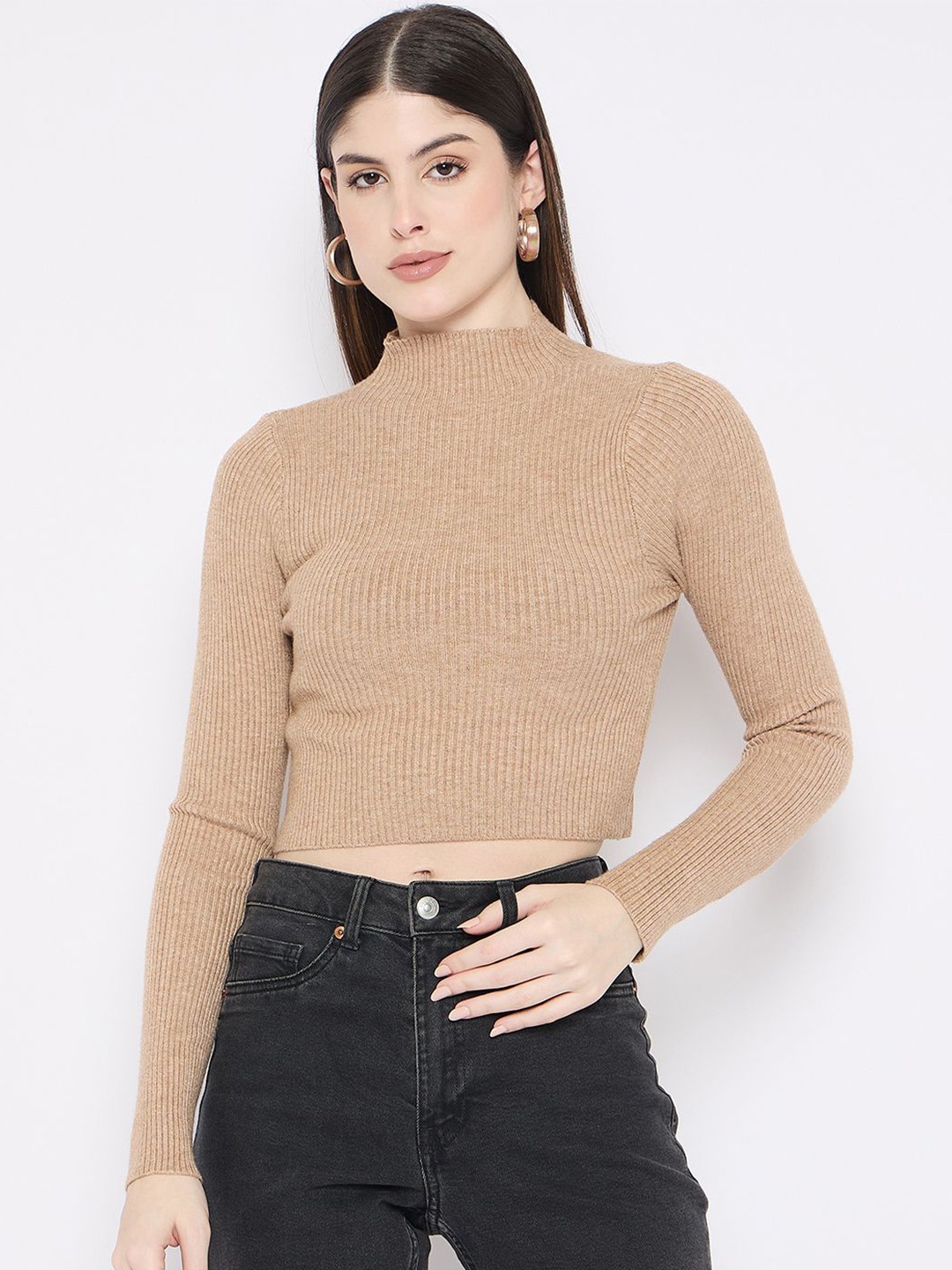 

Camey Women Ribbed Woollen Crop Pullover Sweater, Beige